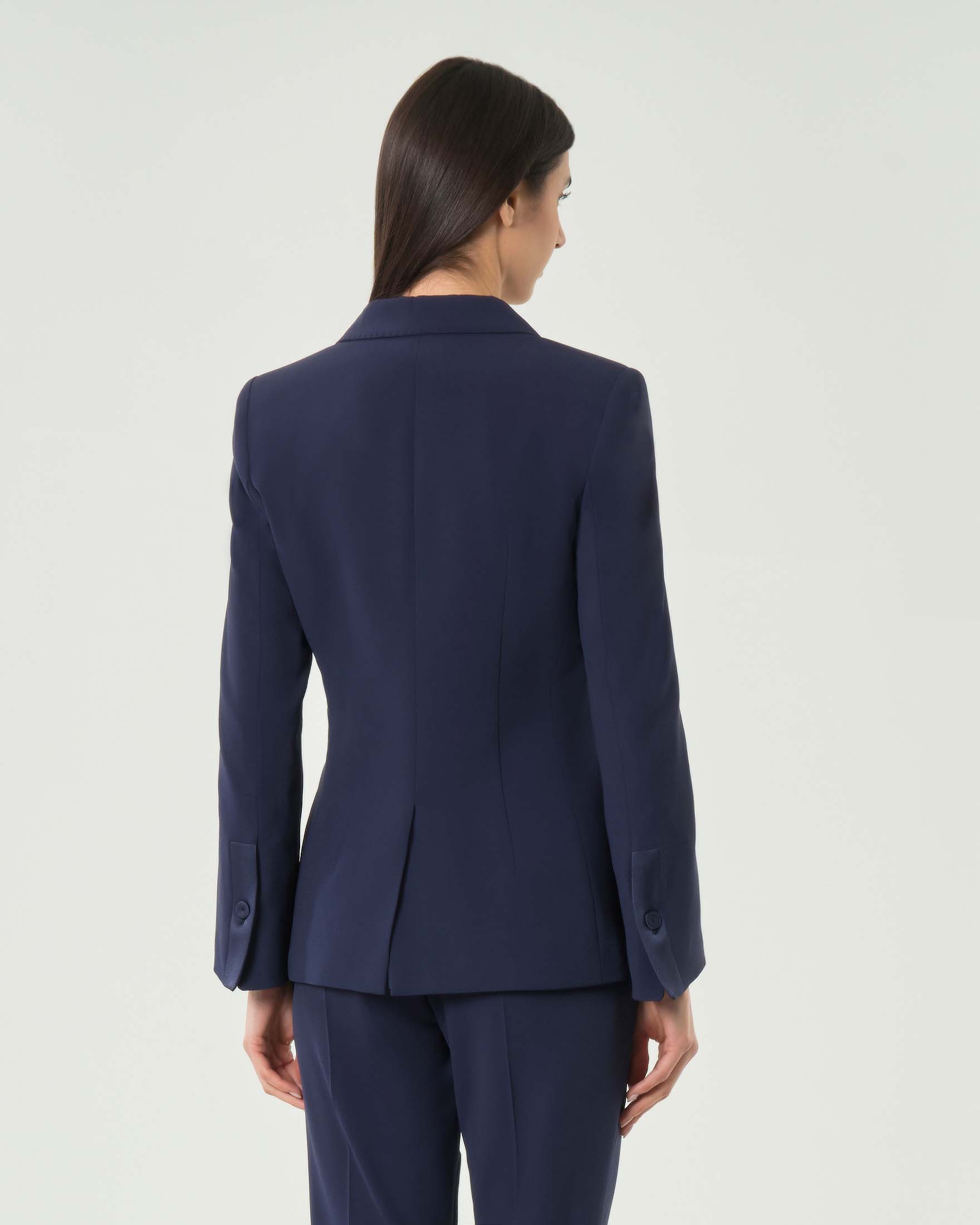 Blazer blu Marella in crepe con chiusura asimmetrica con fiocco da annodare e pince