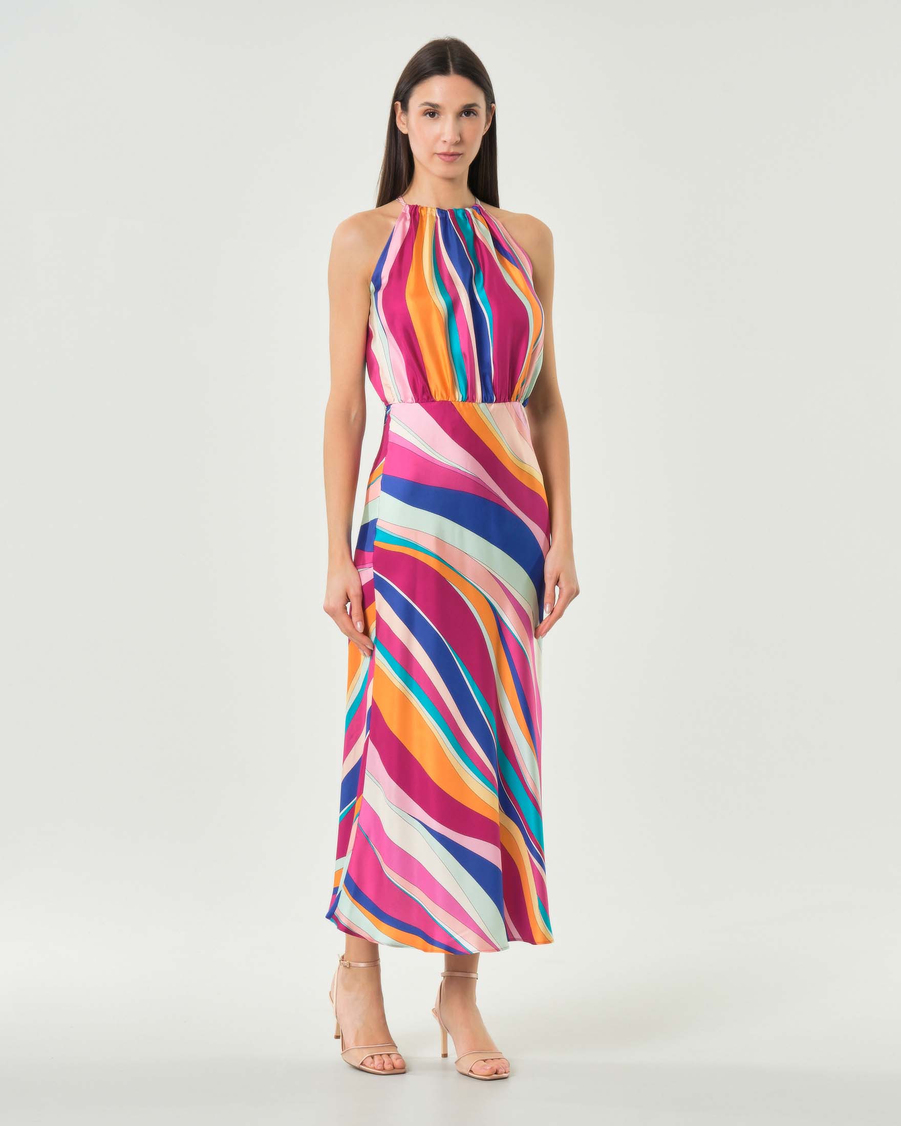 Abito lungo in twill di seta multicolor con scollo halter e drappeggio