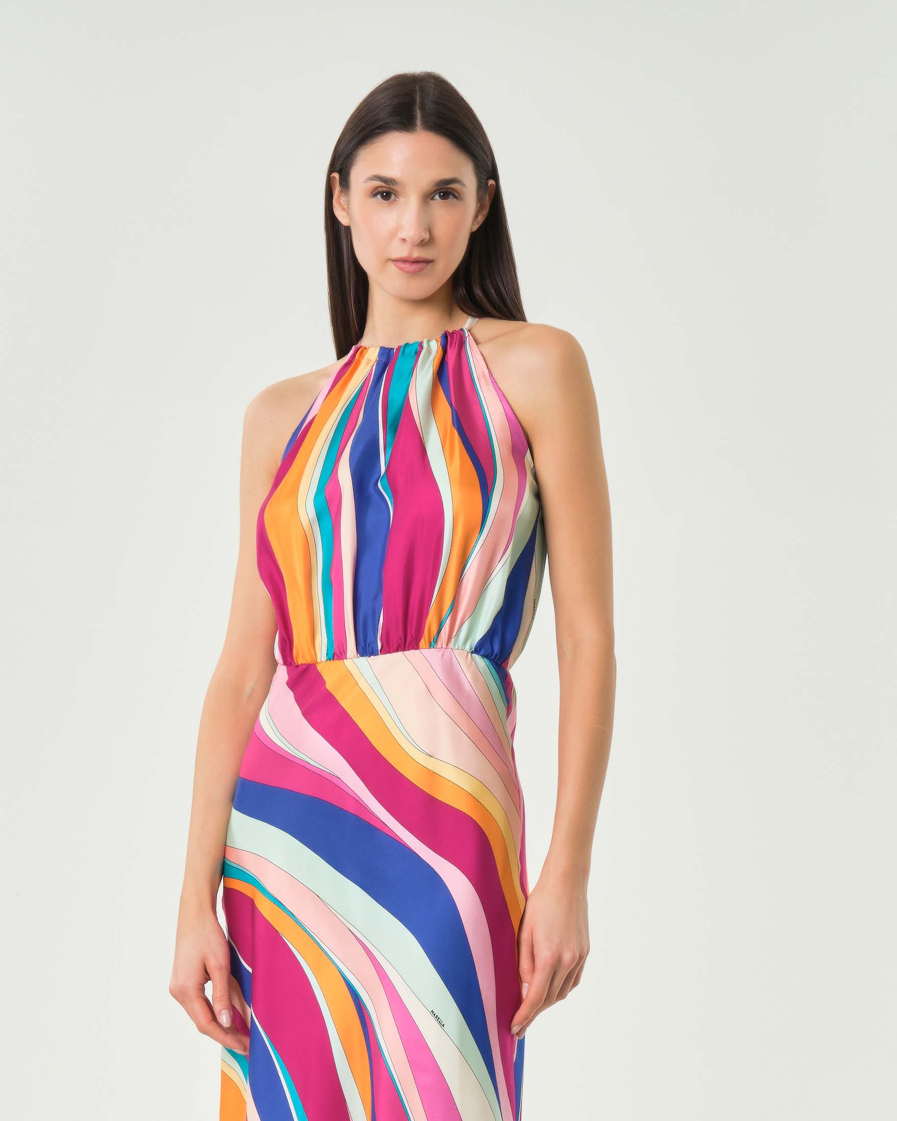 Abito lungo Marella in twill di seta multicolor con scollo halter e drappeggio image