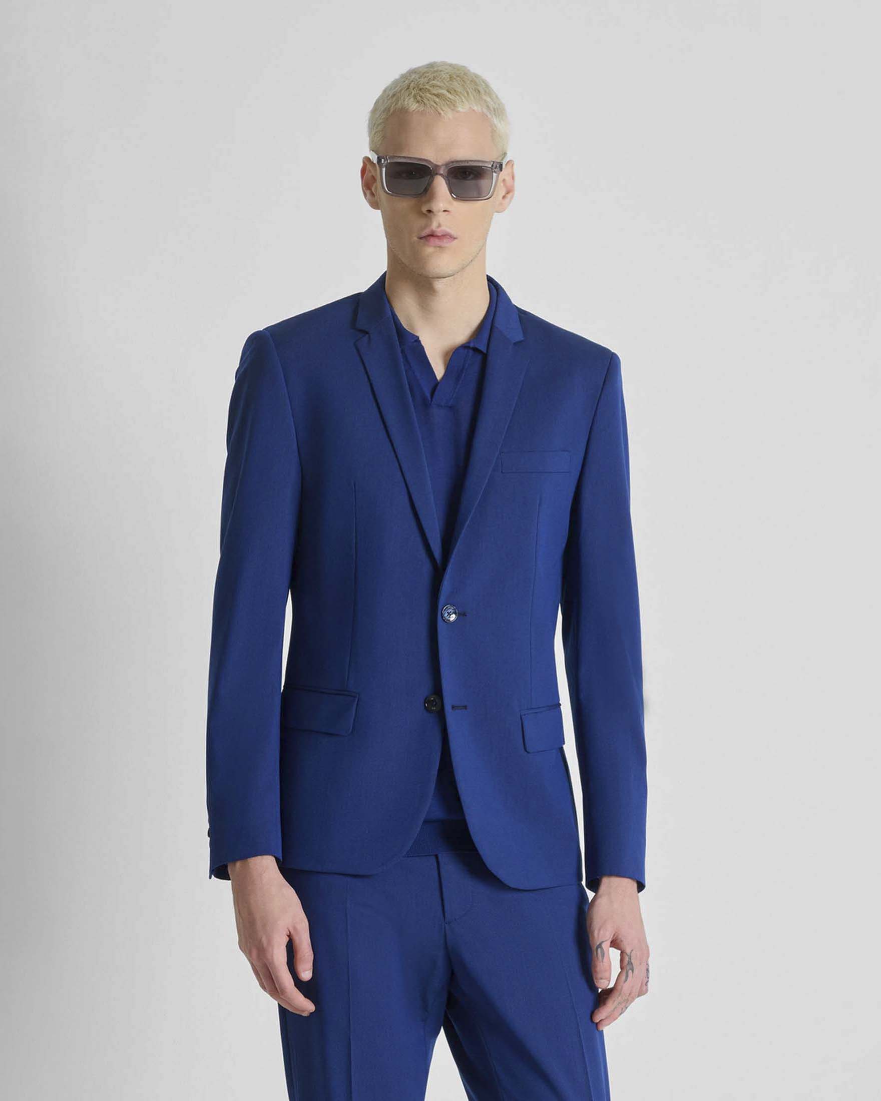 Blazer blu royal in misto viscosa con microfantasia