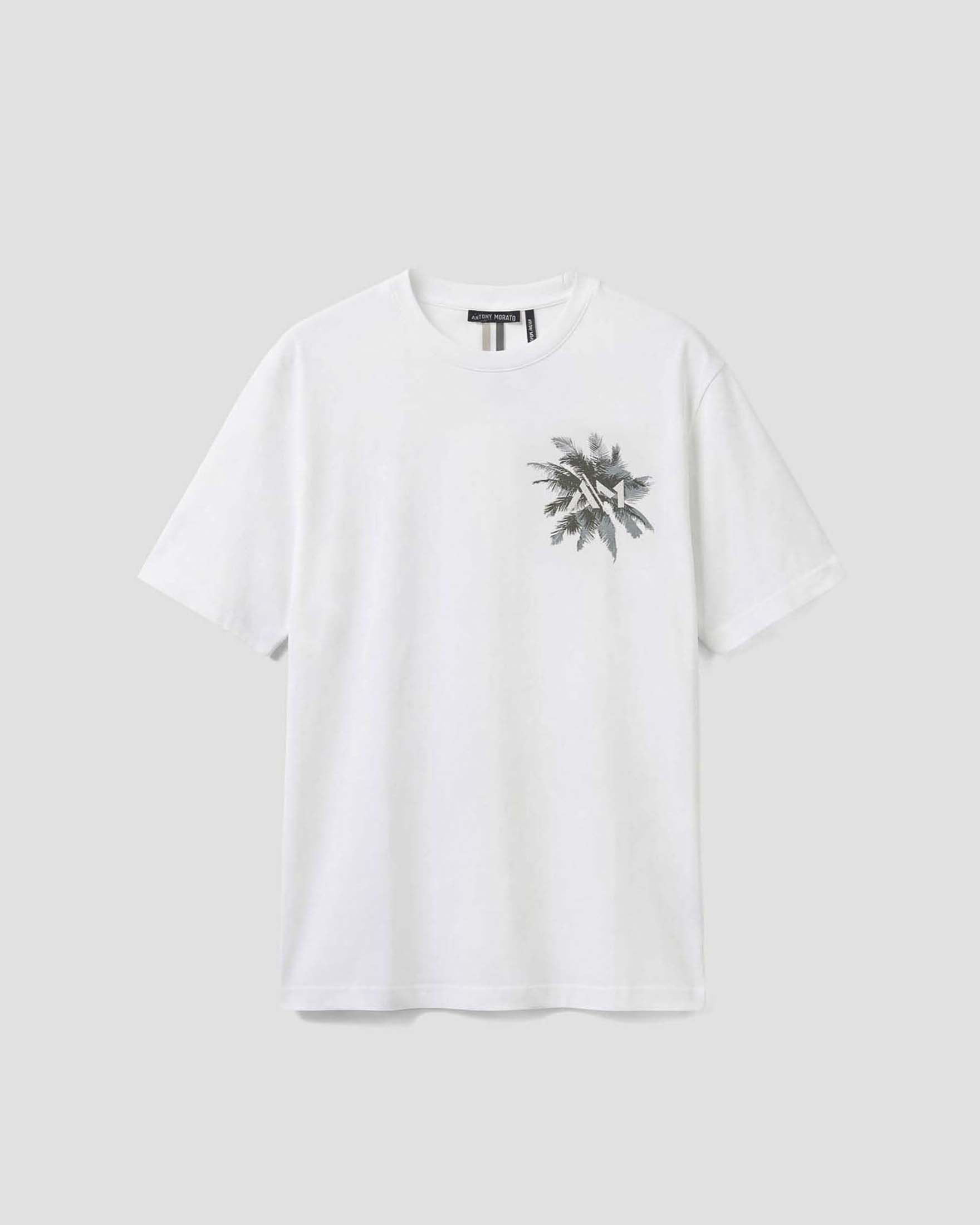 T-shirt bianca in cotone con stampa palme fronte e retro