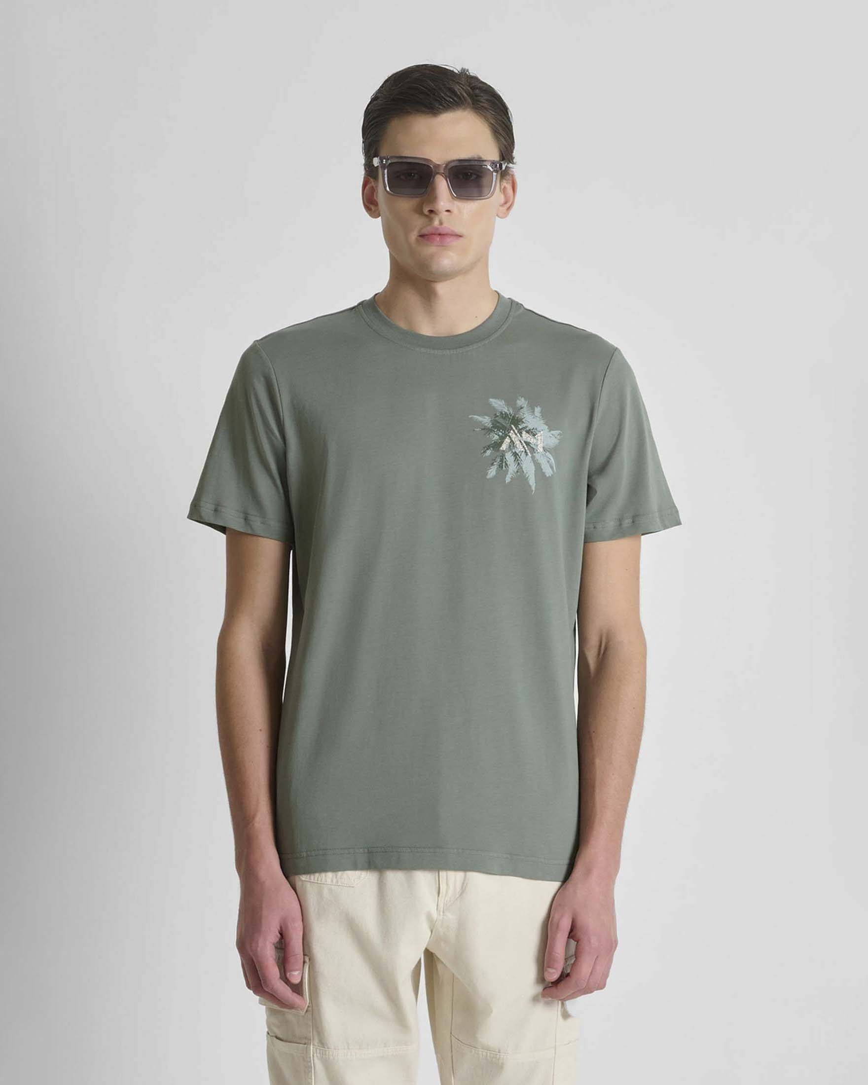 T-shirt salvia in cotone con stampa palme fronte e retro