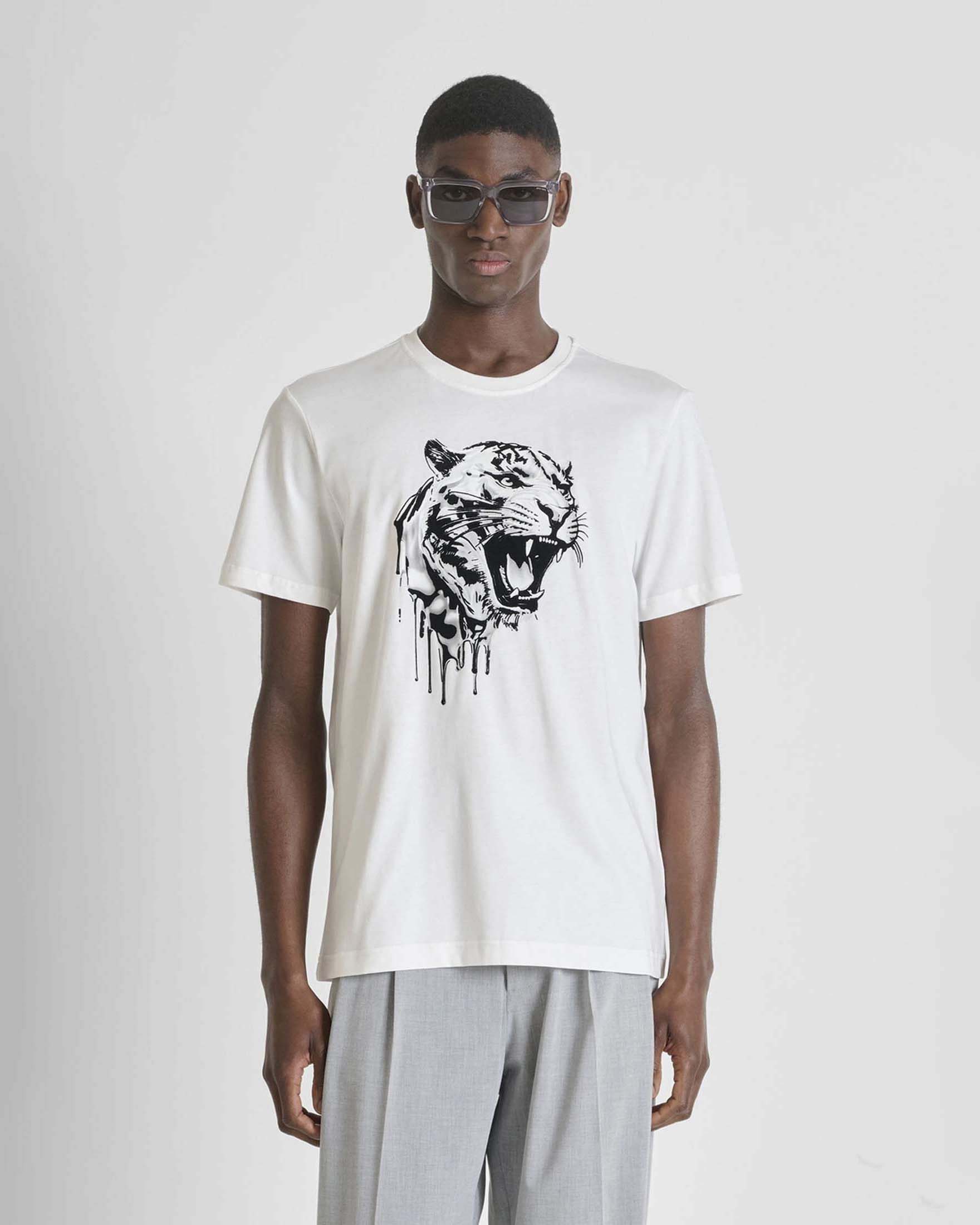 T-shirt bianca in jersey di cotone con stampa tigre