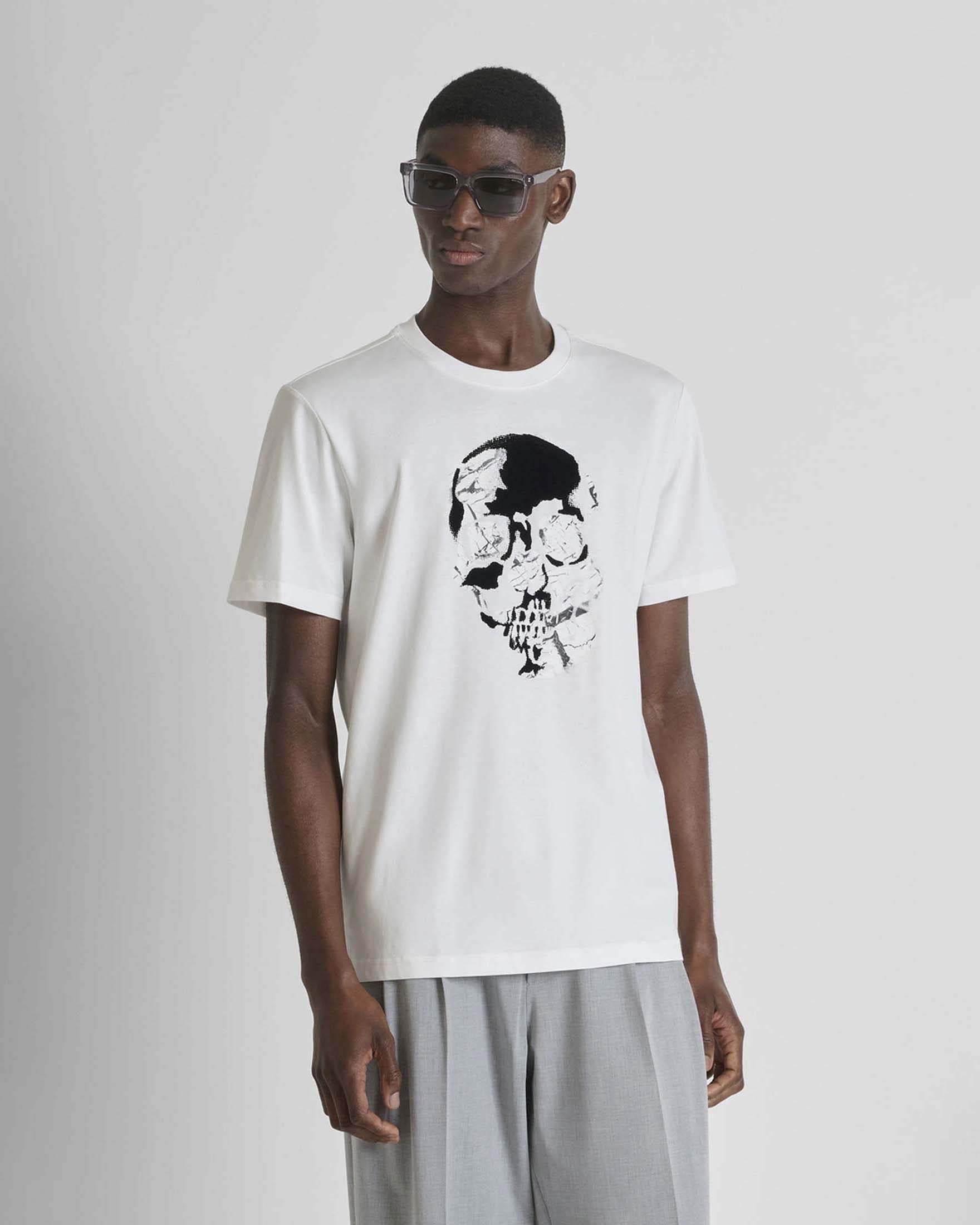 T-shirt mezza manica bianca in cotone con stampa teschio