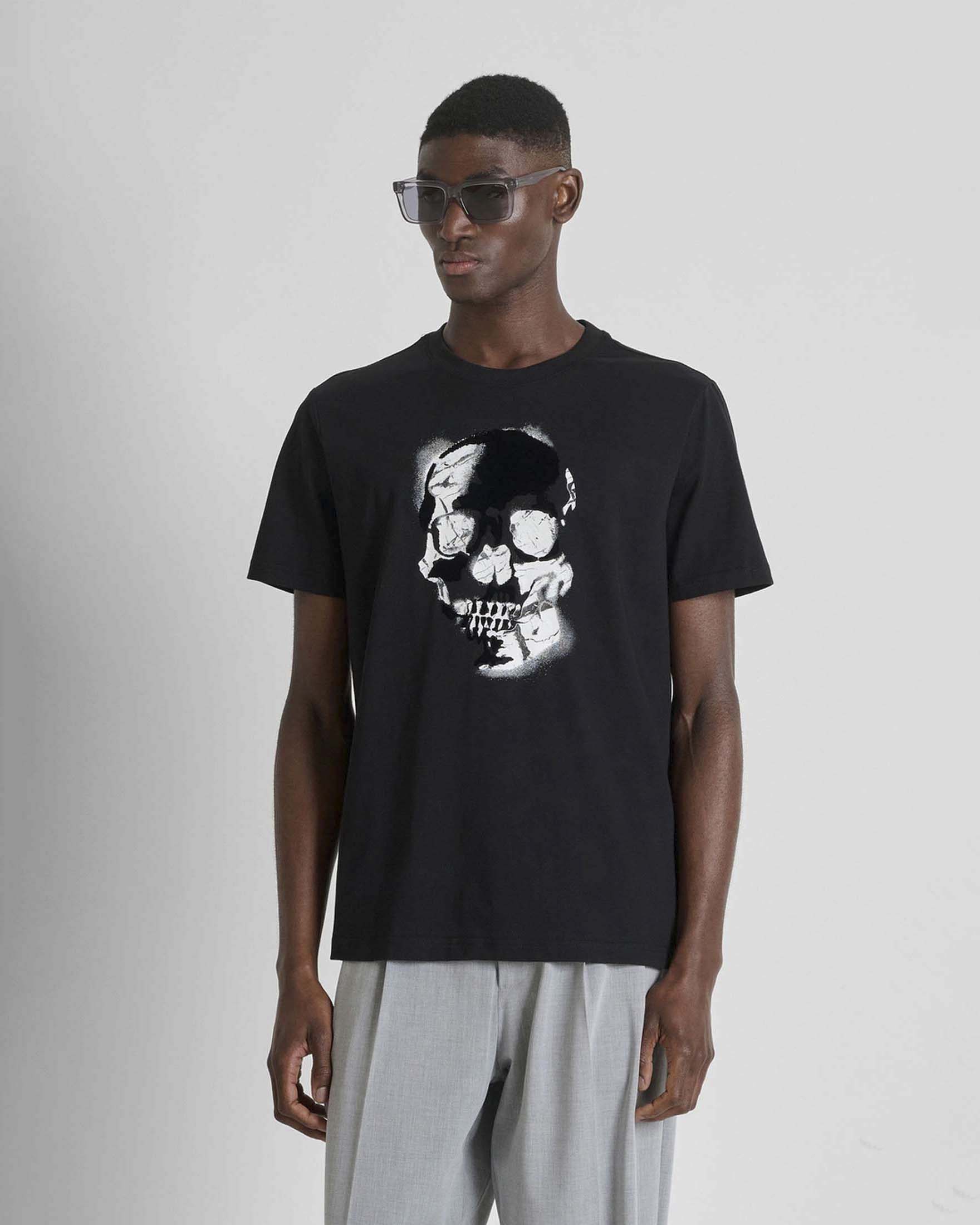 T-shirt mezza manica nera in cotone con stampa teschio