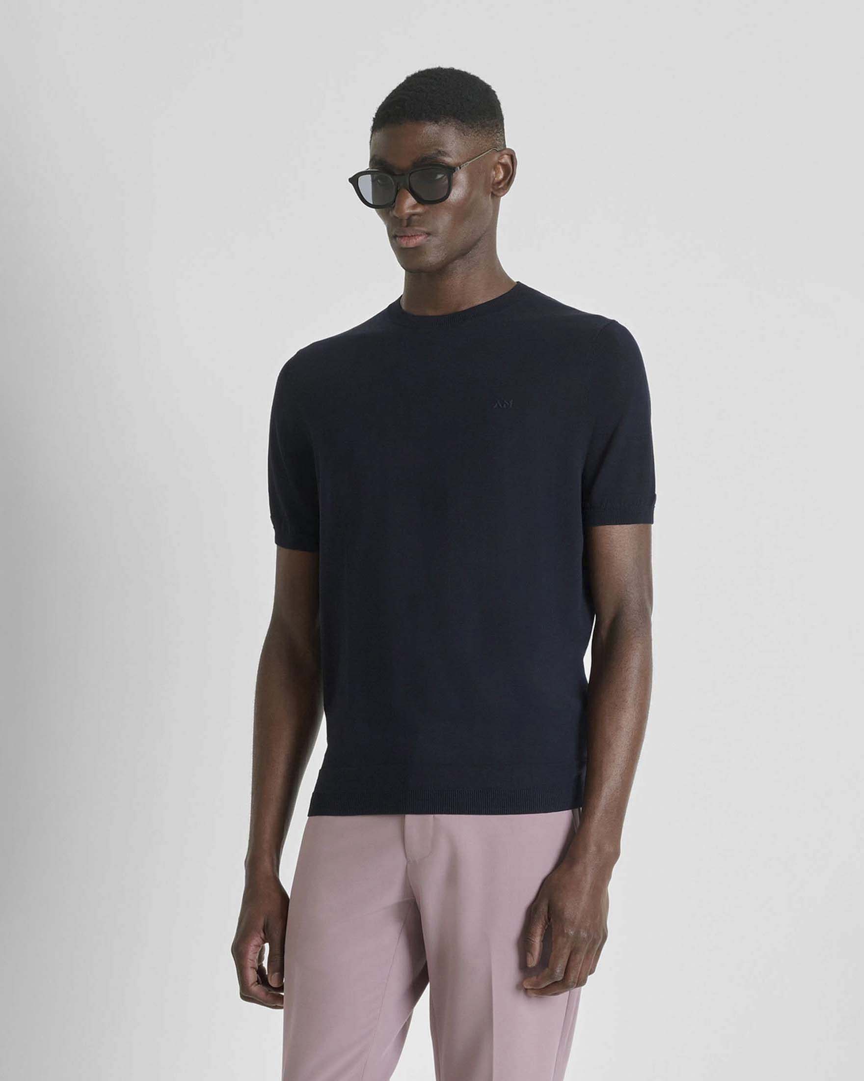 T-shirt mezza manica blu in maglia di cotone e viscosa