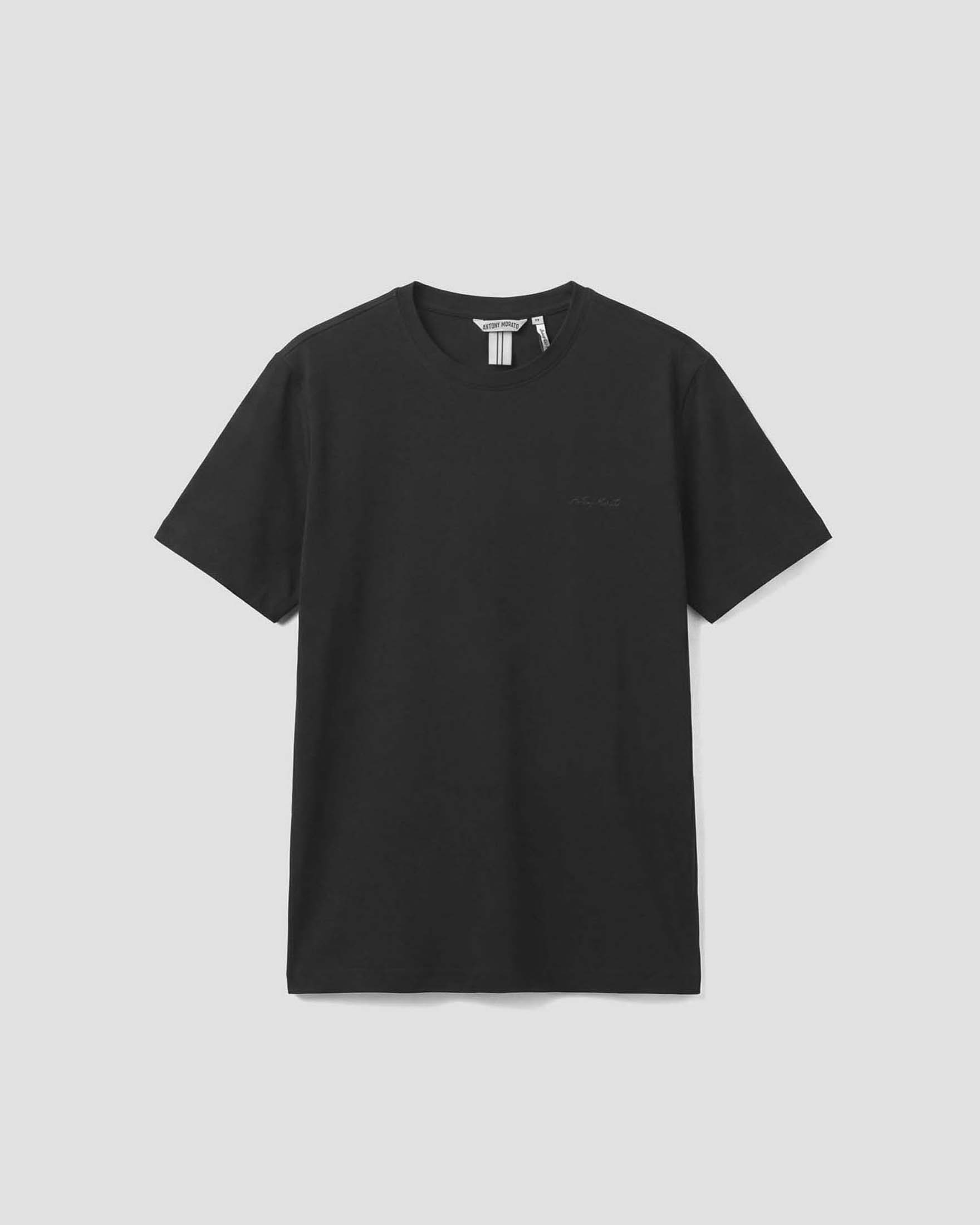 T-shirt nera in cotone fiammato con logo ricamato in tono