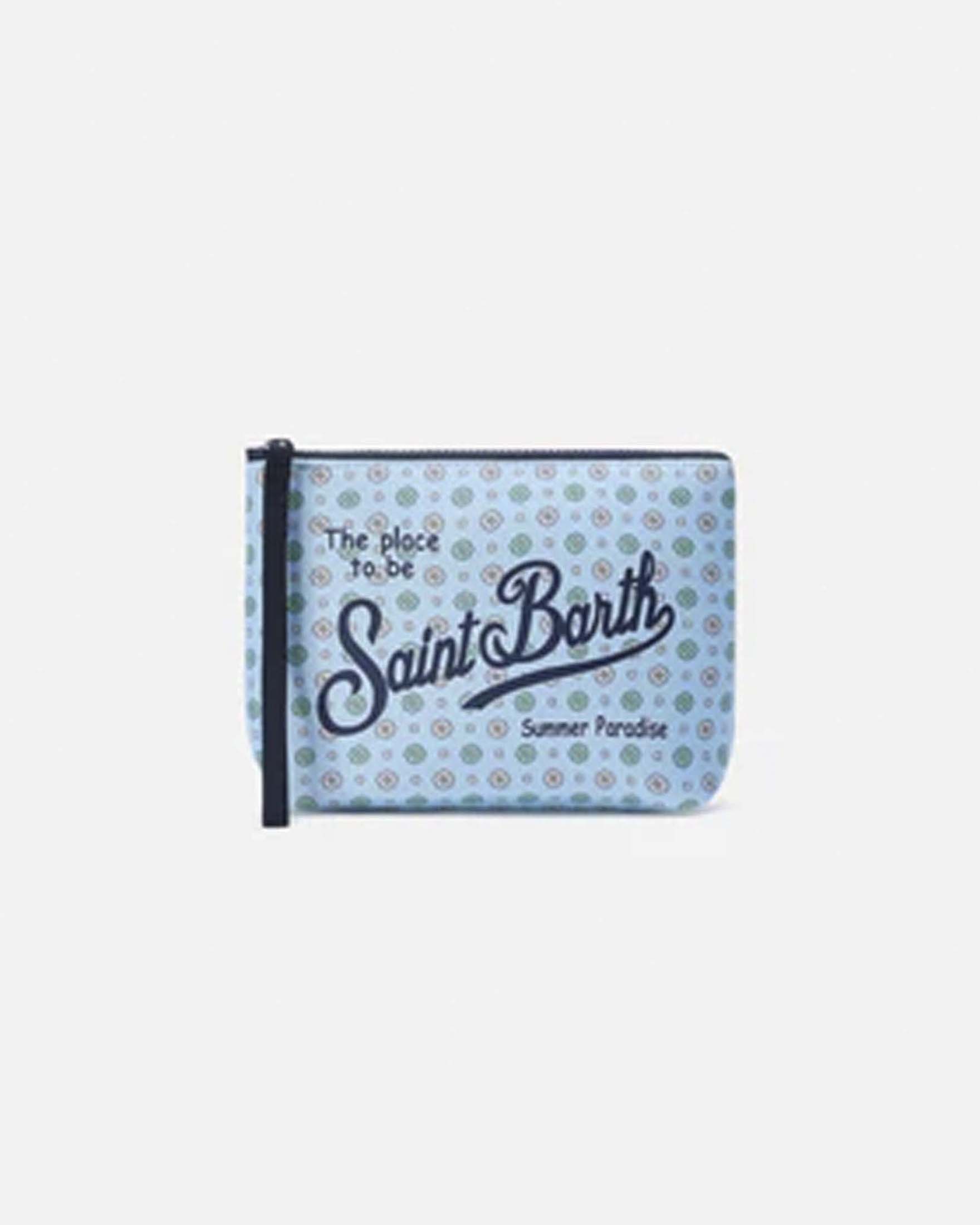 Pochette Aline azzurra in neoprene con fantasia cravatta micro fiorellino