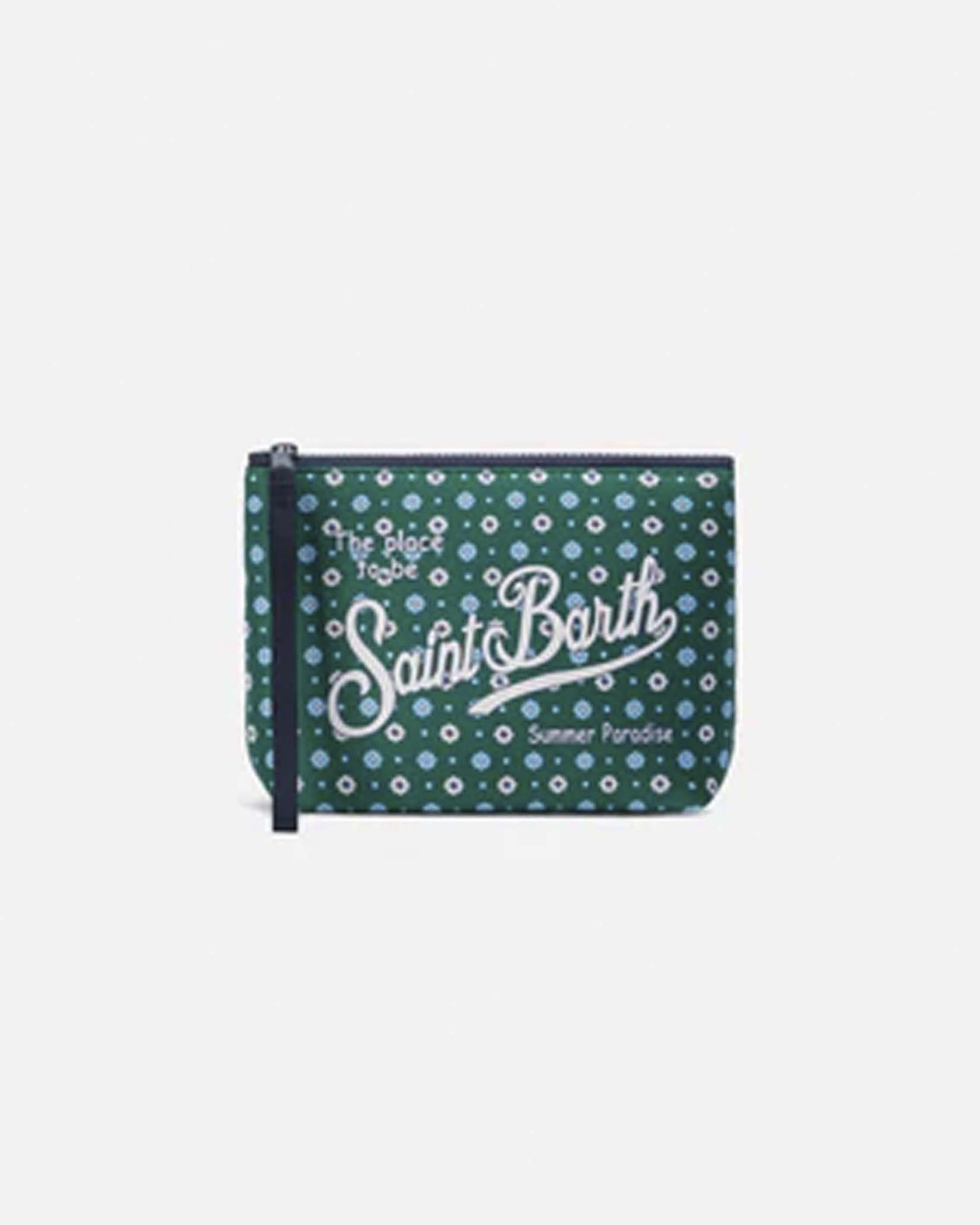 Pochette MC2 Saint Barth Aline verde in neoprene con fantasia cravatta micro fiorellino