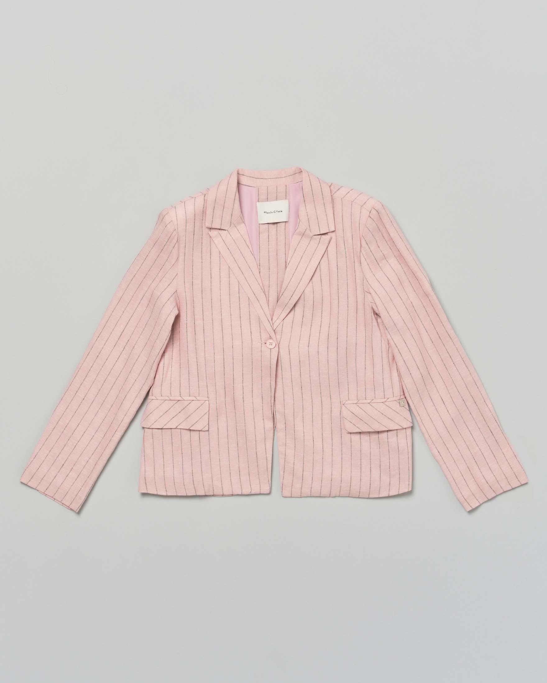 Giacca blazer rosa gessato in misto lino