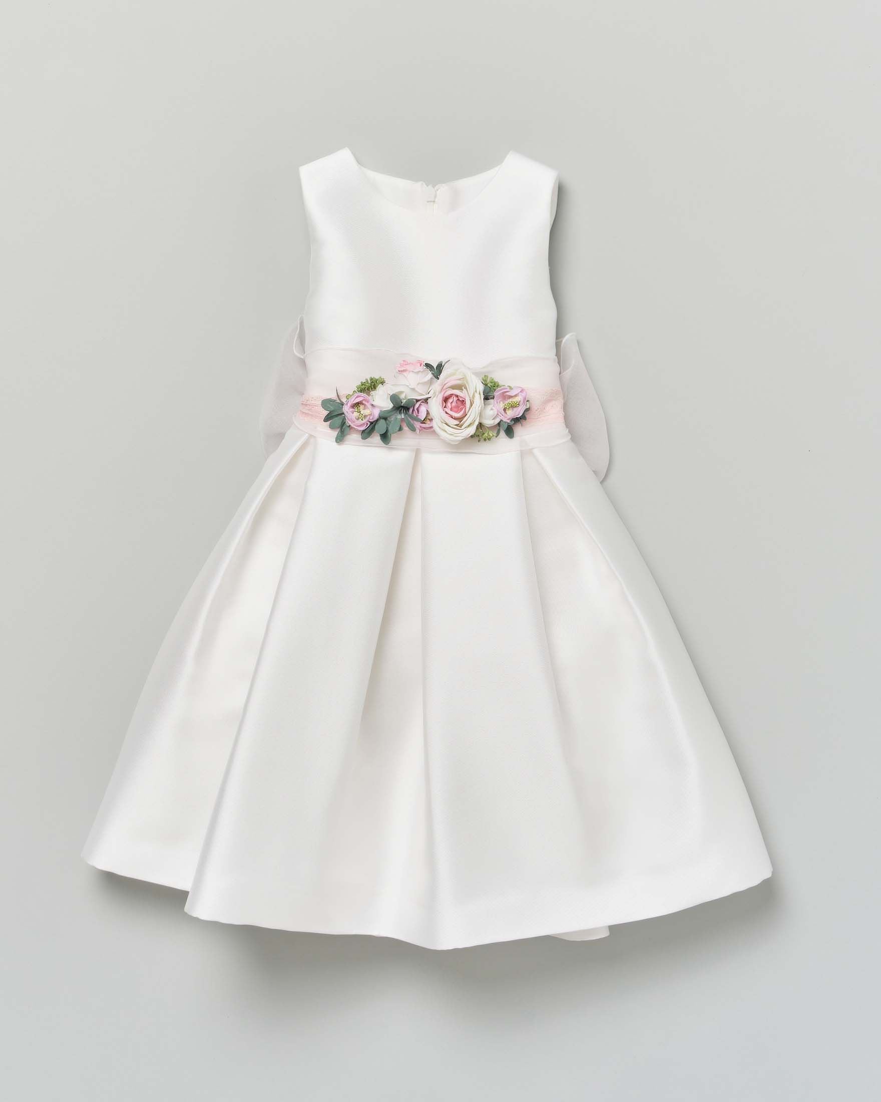 Abito avorio Mimilù mikado con fascia fiori e e maxi fiocco rosa