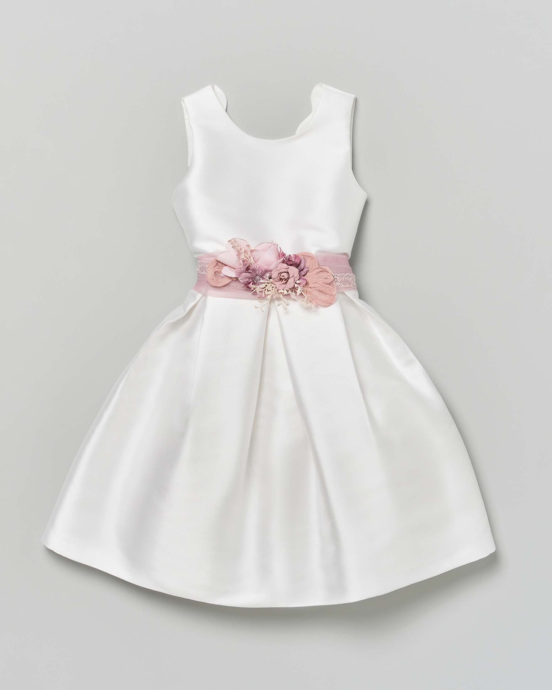 Abito corto avorio Mimilù scollato sul retro con gonna a faldoni e fascia rosa con fiori