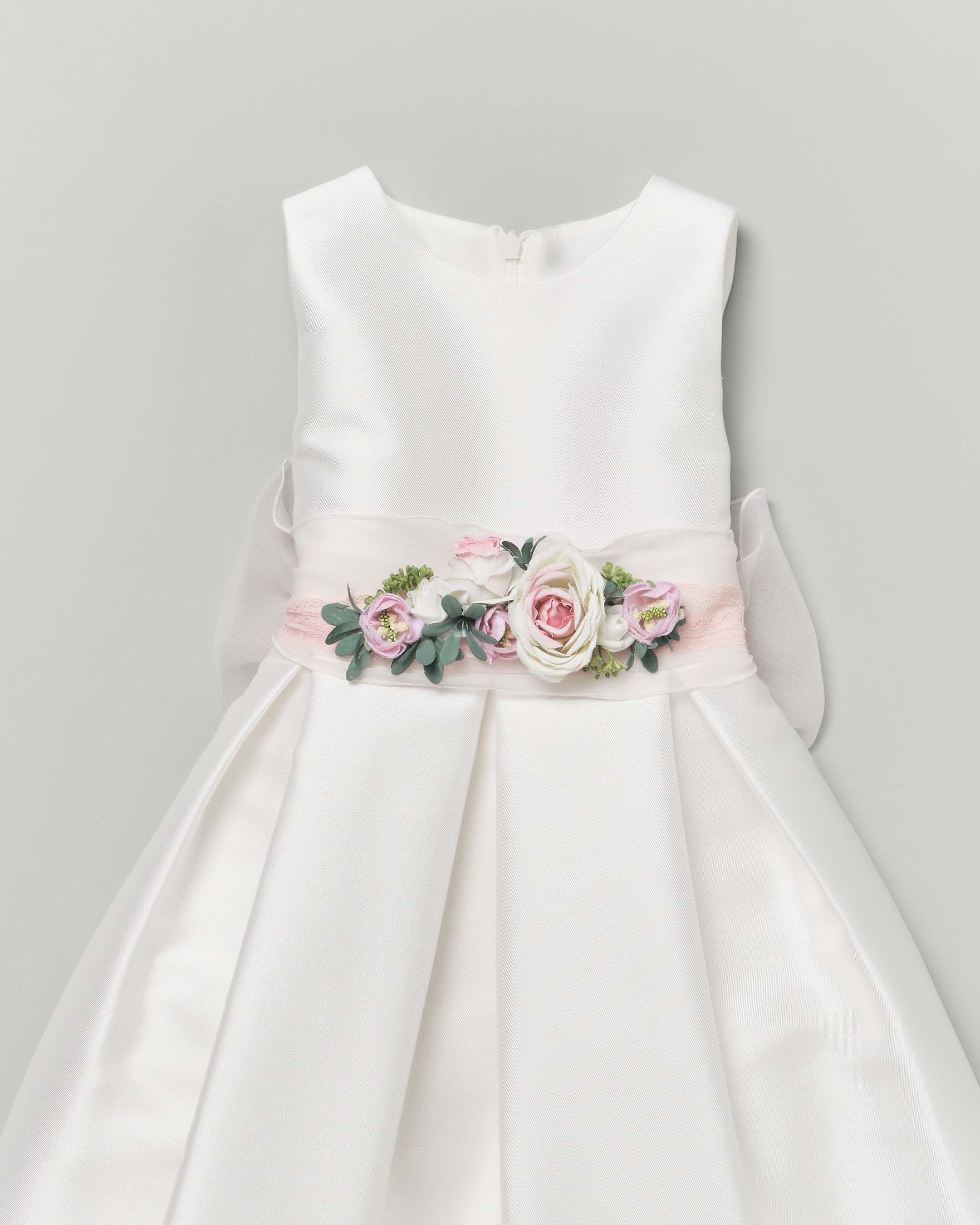 Abito avorio Mimilù mikado con fascia fiori e e maxi fiocco rosa image
