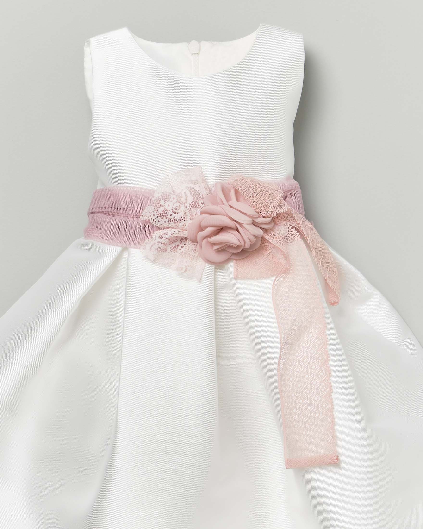 Abito corto avorio Mimilù con gonna a faldoni e fascia rosa con fiori image