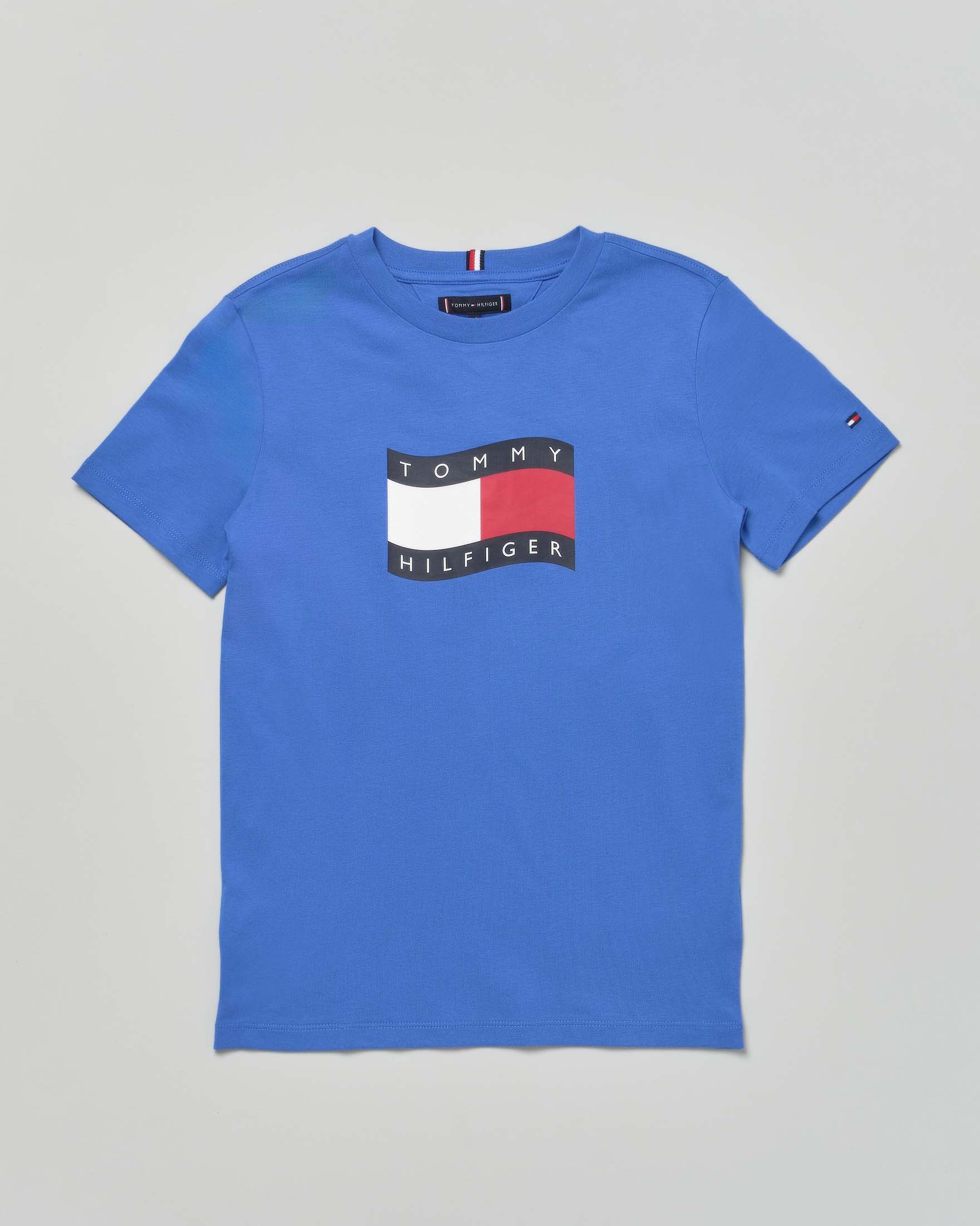 T-shirt Tommy Hilfiger celeste in puro cotone con bendiera logo icon