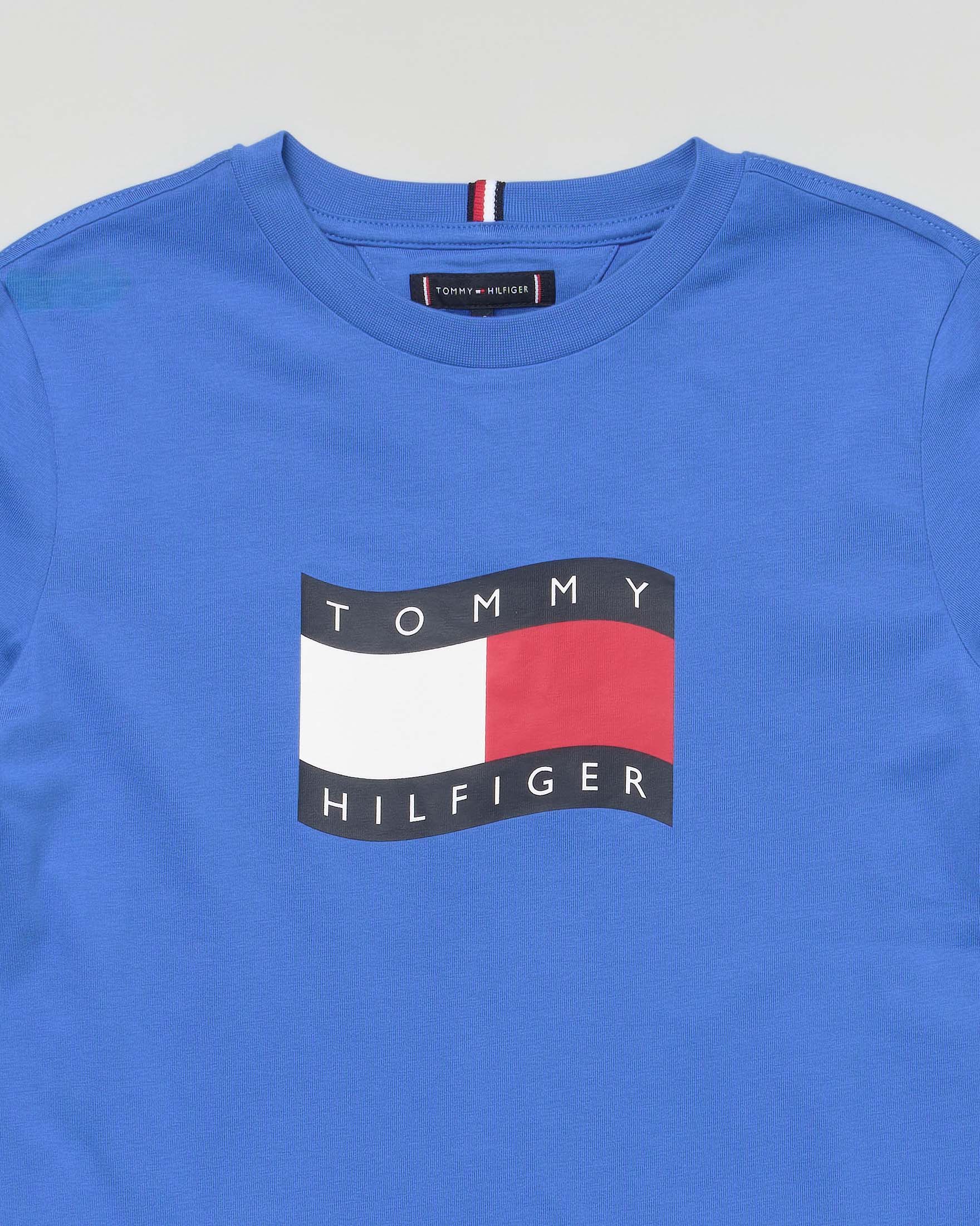 T-shirt Tommy Hilfiger celeste in puro cotone con bendiera logo icon image