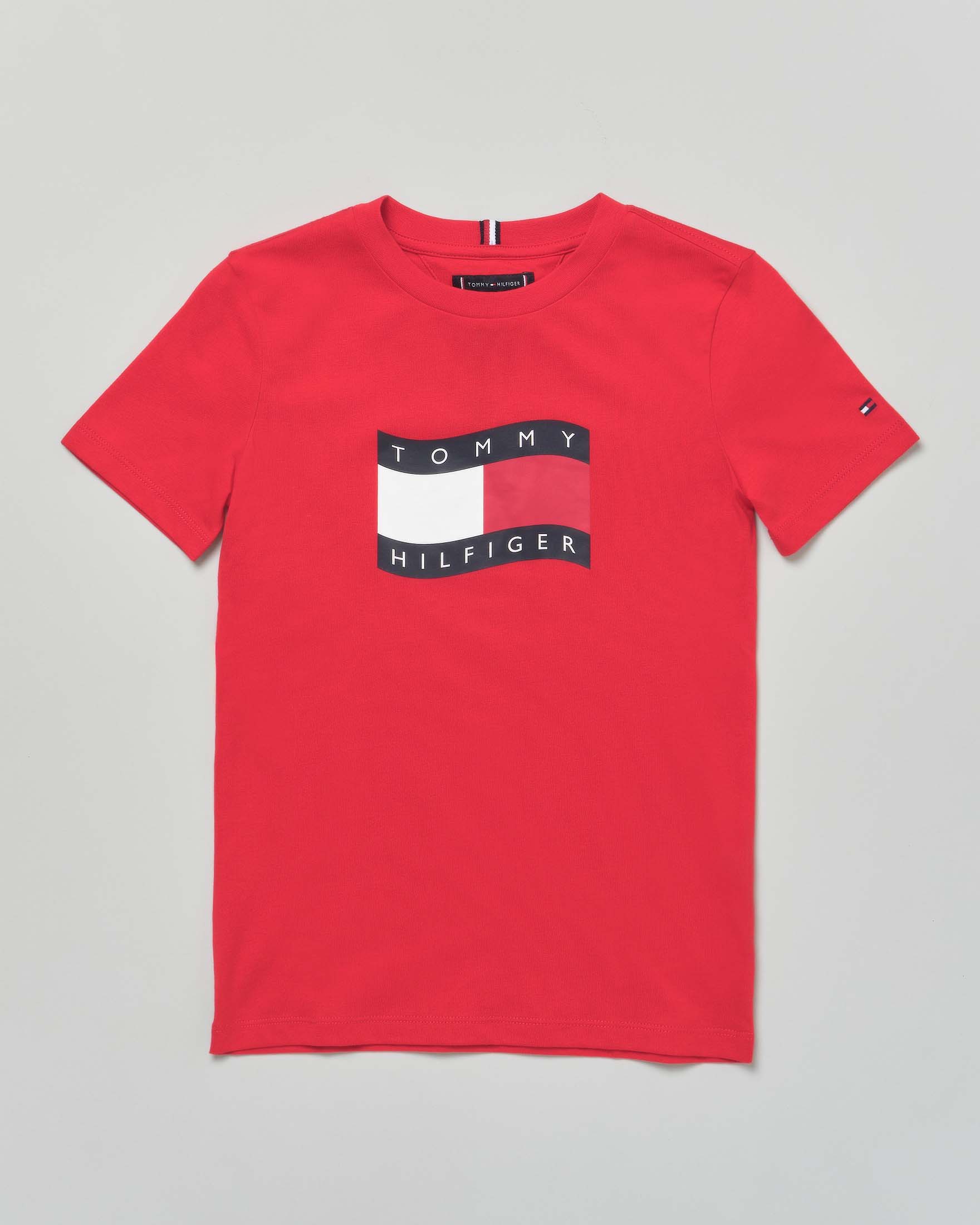 T-shirt Tommy Hilfiger rossa in puro cotone con bendiera logo icon