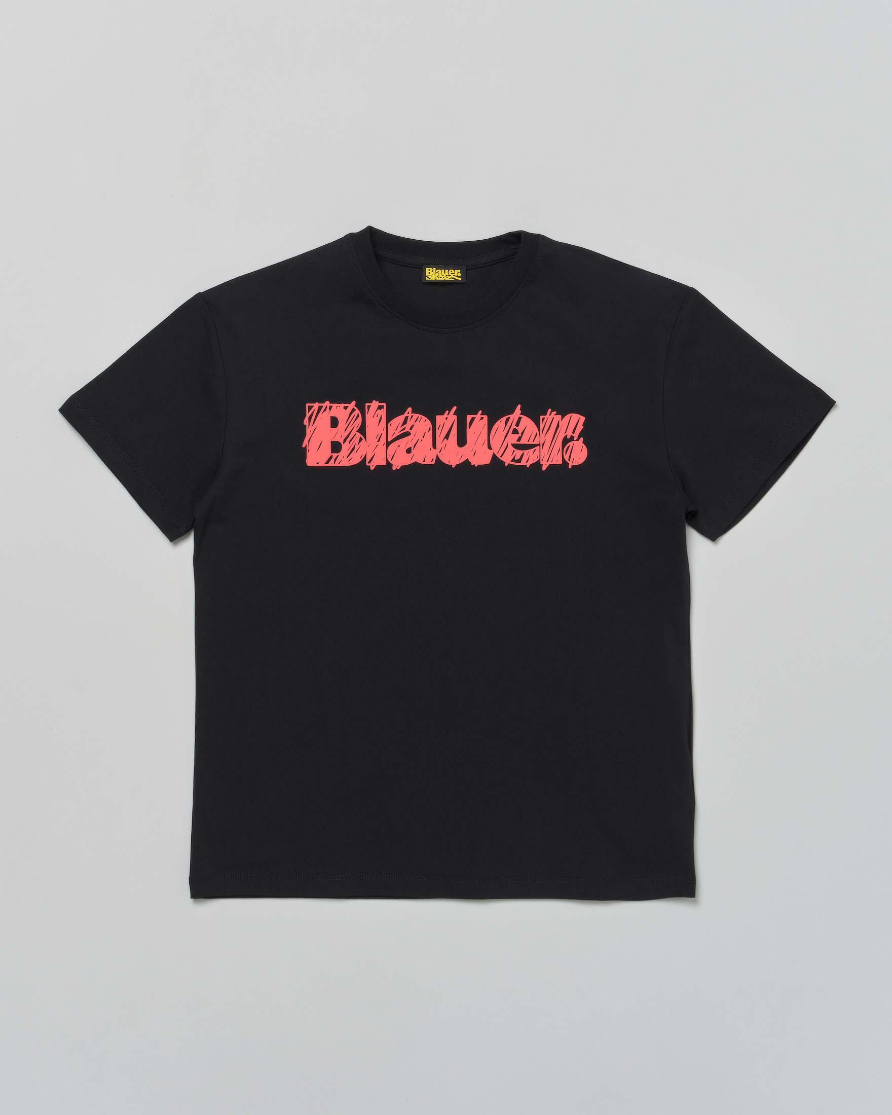 T-shirt nera in cotone stretch con scritta logo rossa