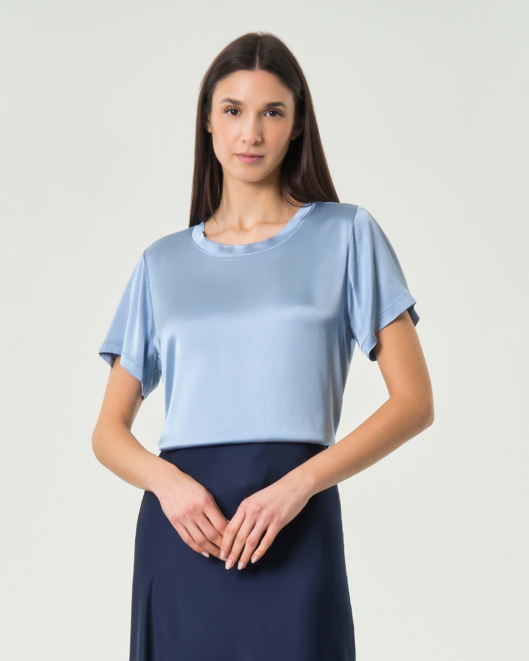 Hlo! — Blusa maniche corte Hlo! azzurra in raso di viscosa