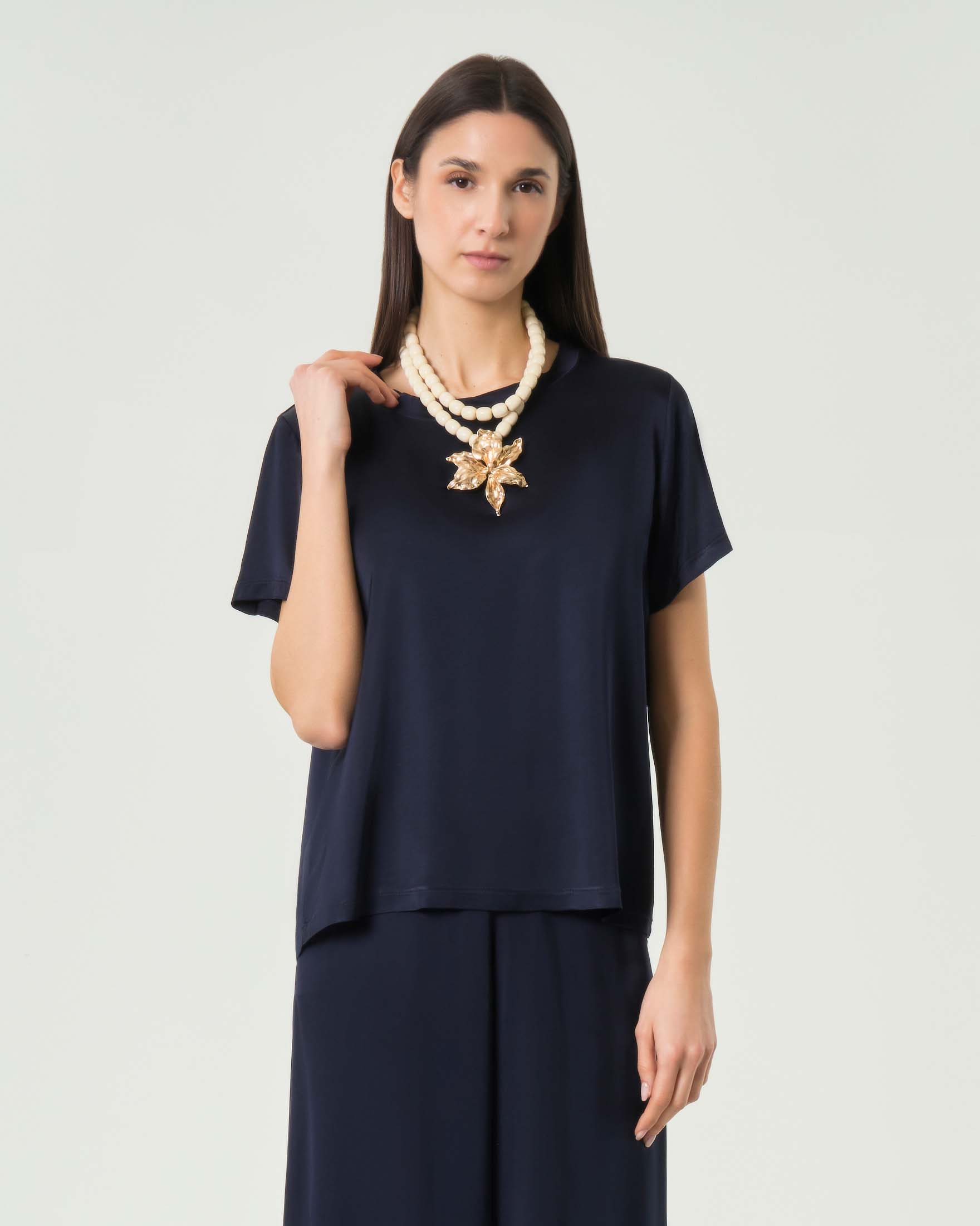 Hlo! — Blusa maniche corte Hlo! blu in raso di viscosa
