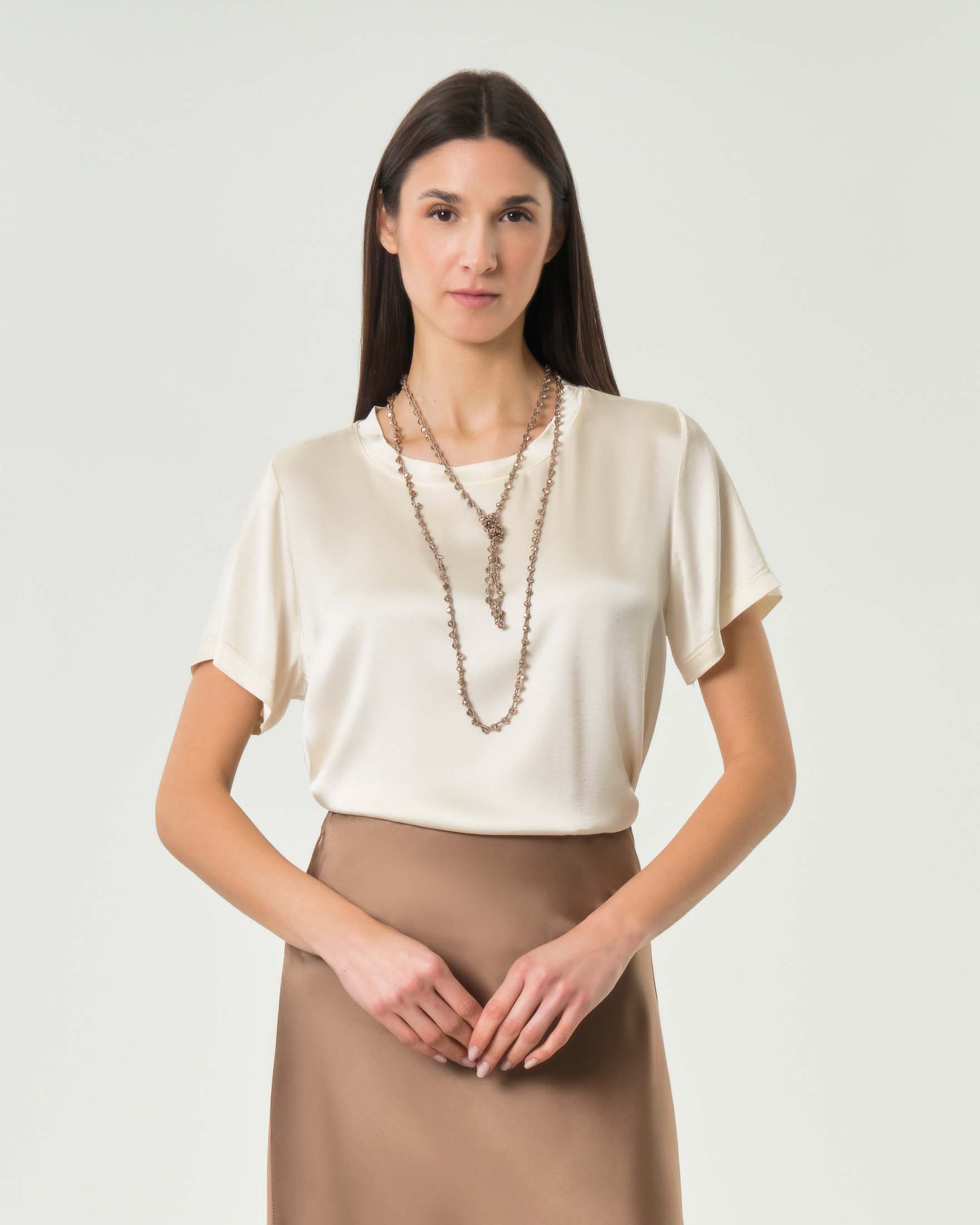 Hlo! — Blusa maniche corte Hlo! panna in raso di viscosa