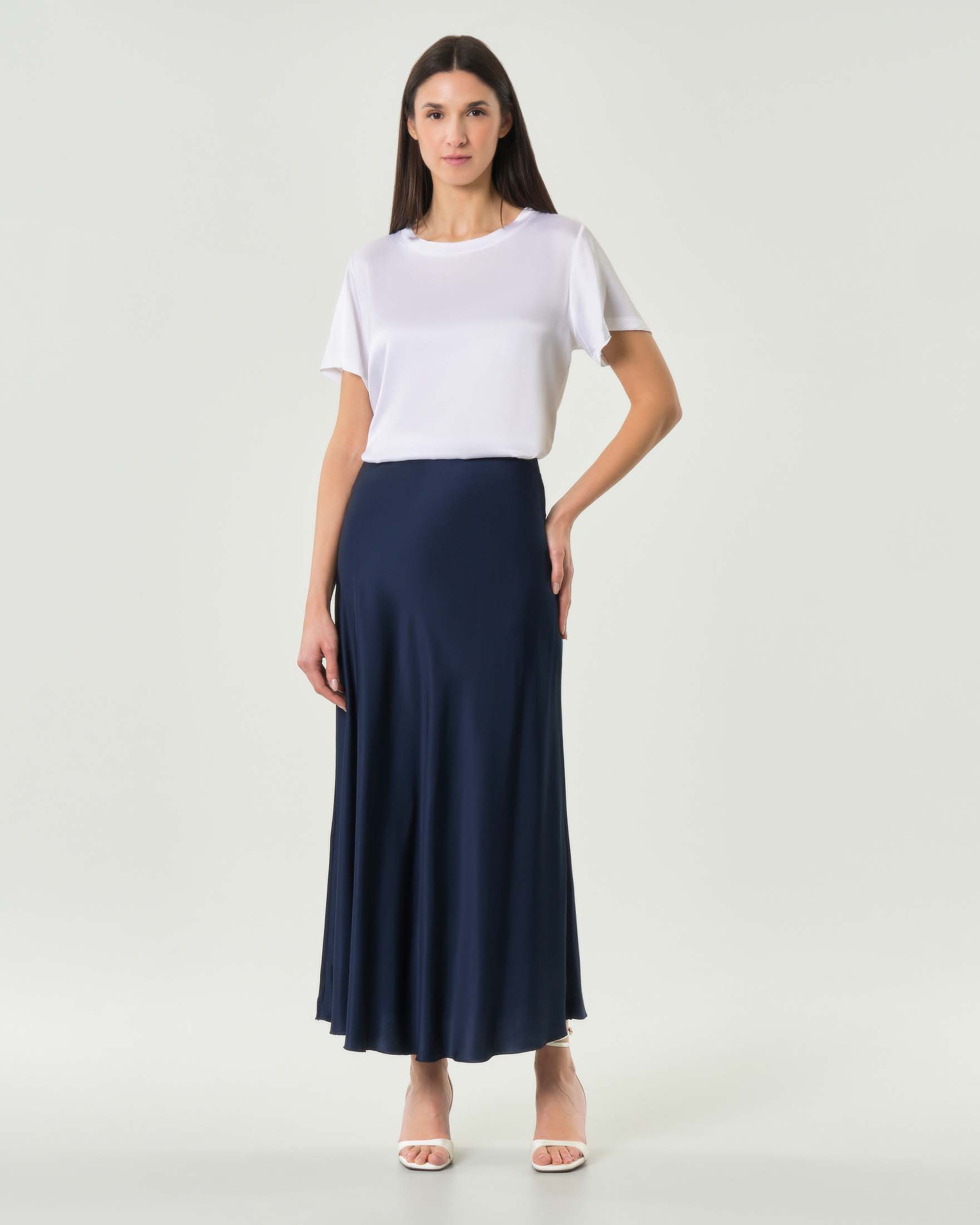 Gonna midi Hlo! blu in satin di pura viscosa con vita elasticizzata