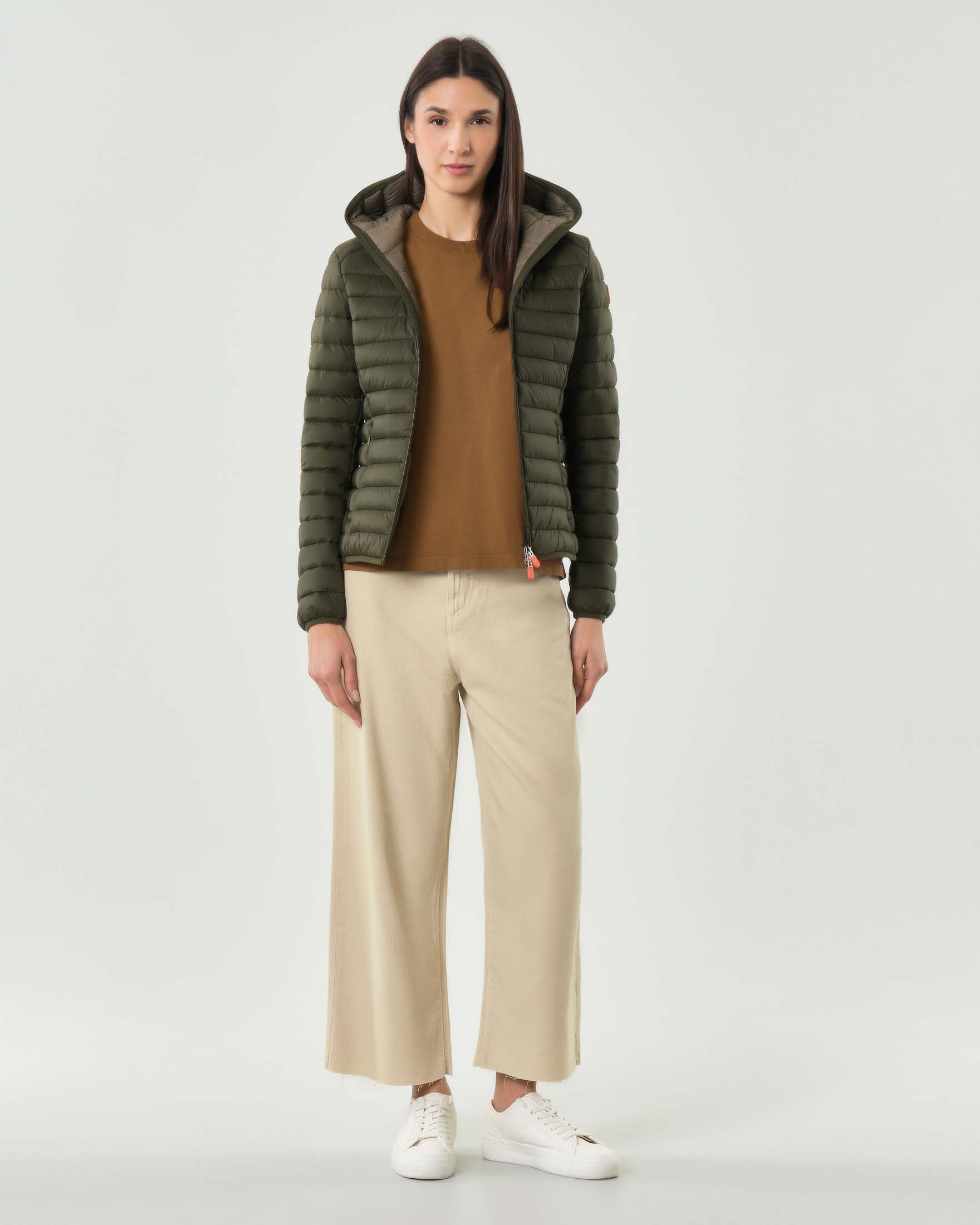 Piumino 100 grammi Save The Duck verde militare con cappuccio e chiusura zip doppio cursore