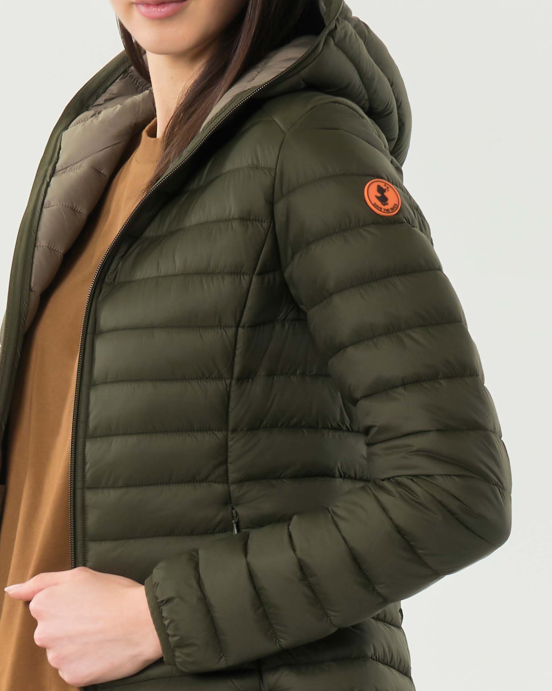 Piumino 100 grammi Save The Duck verde militare con cappuccio e chiusura zip doppio cursore image