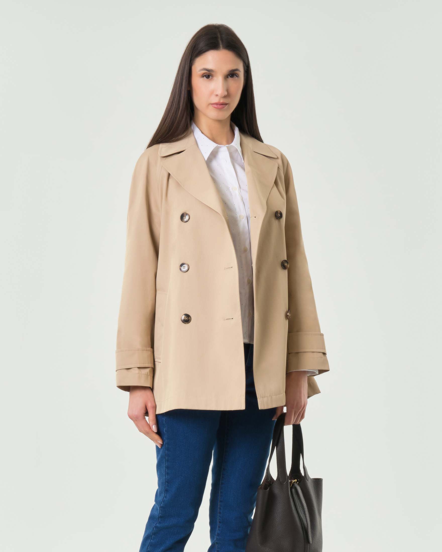 Trench corto doppiopetto beige Emme Marella in gabardina antigoccia con bavoletta e laccetti ai polsi