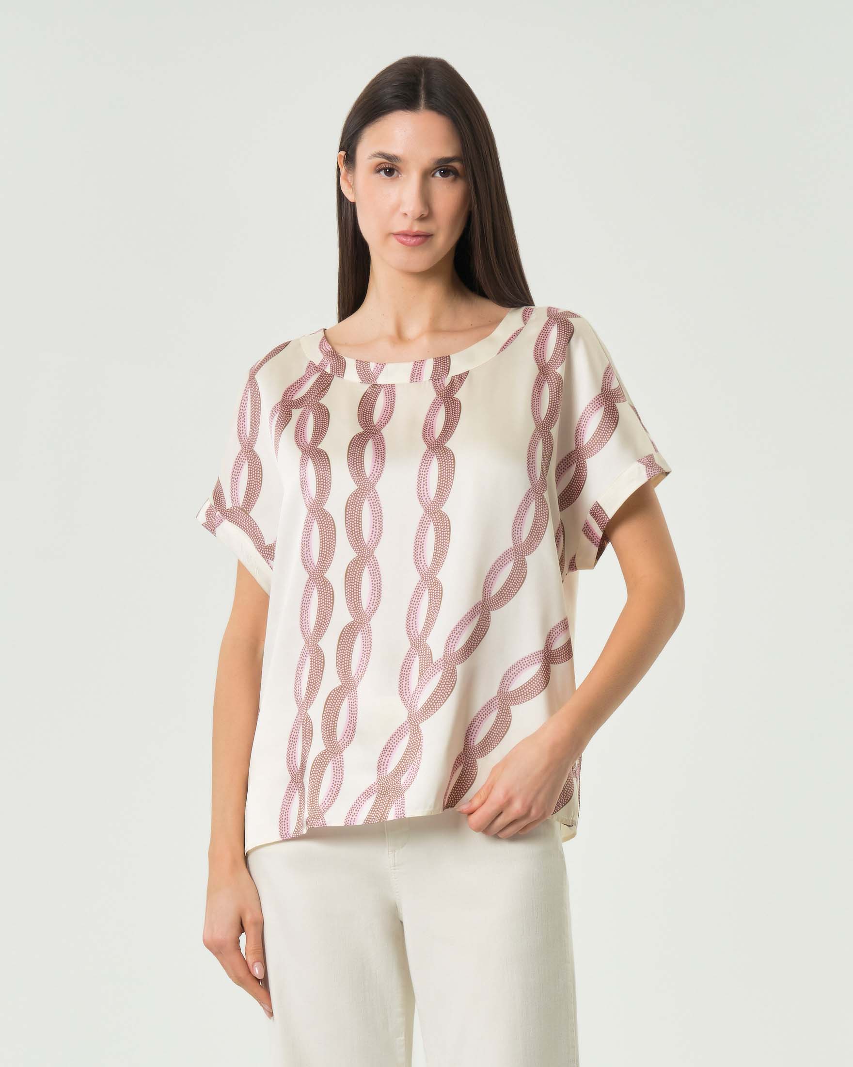 Blusa a maniche corte bianca e rosa in twill di viscosa con stampa a catena