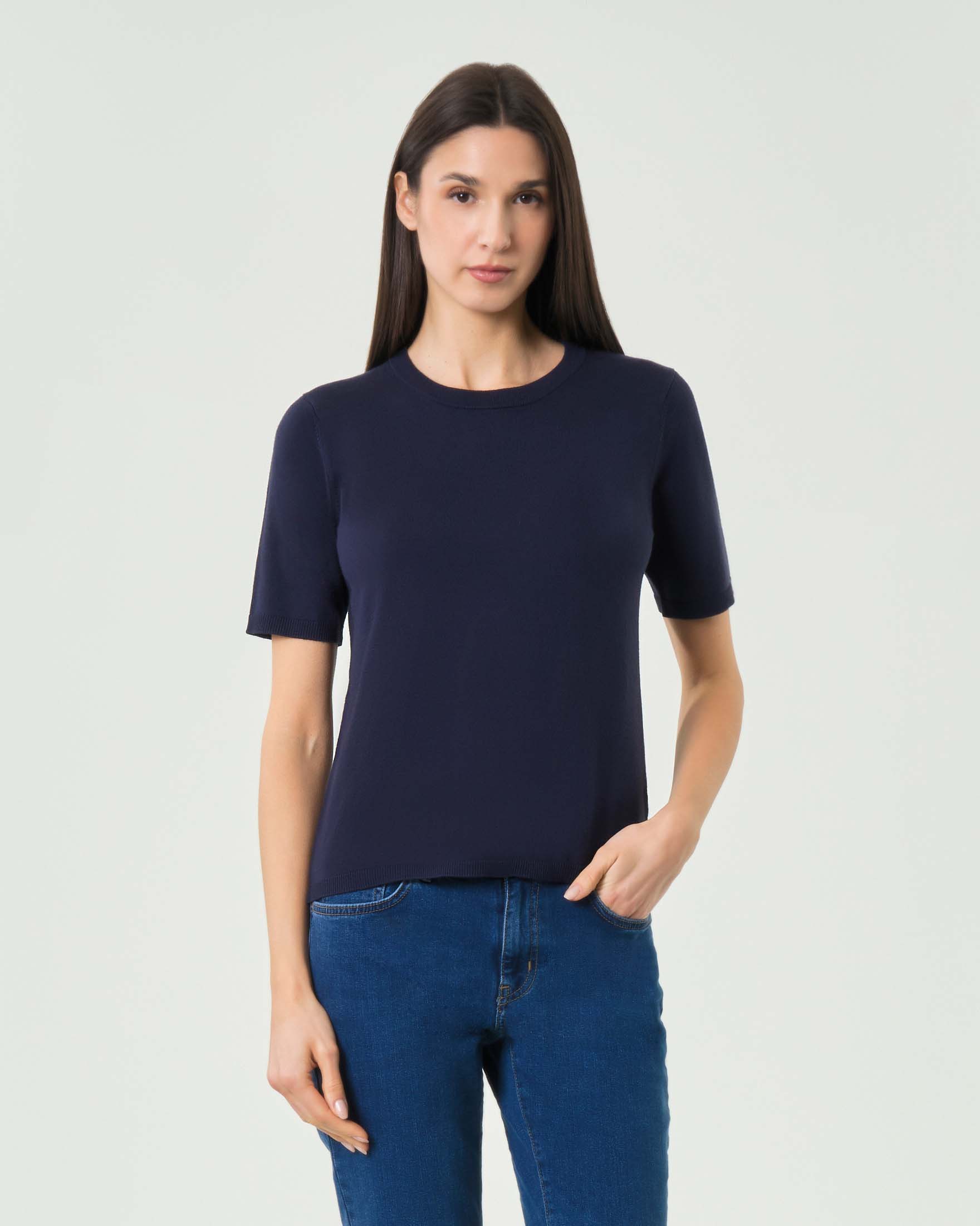 Maglia a mezze maniche blu con scollo a giro in viscosa