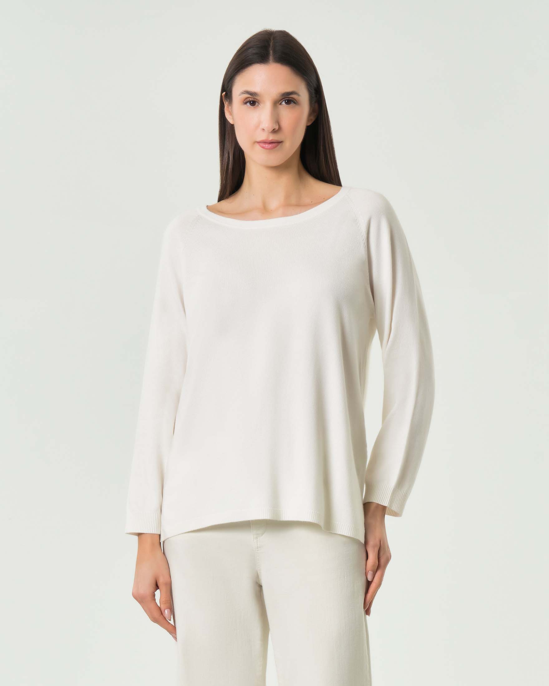 Maglia con maniche a tre quarti bianca in viscosa stretch con spacchi laterali