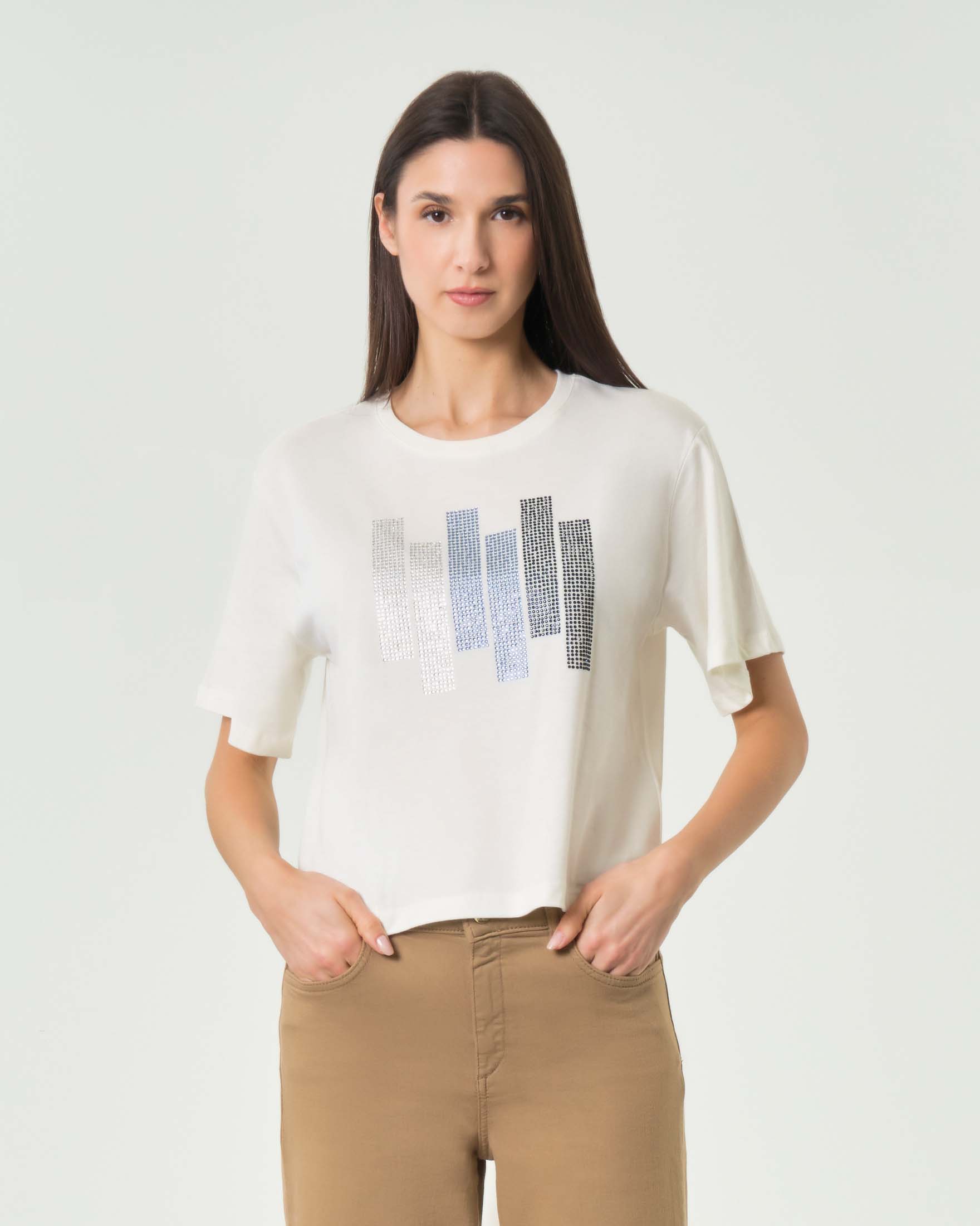 T-shirt maniche corte bianca cropped in cotone con decorazione in strass blu