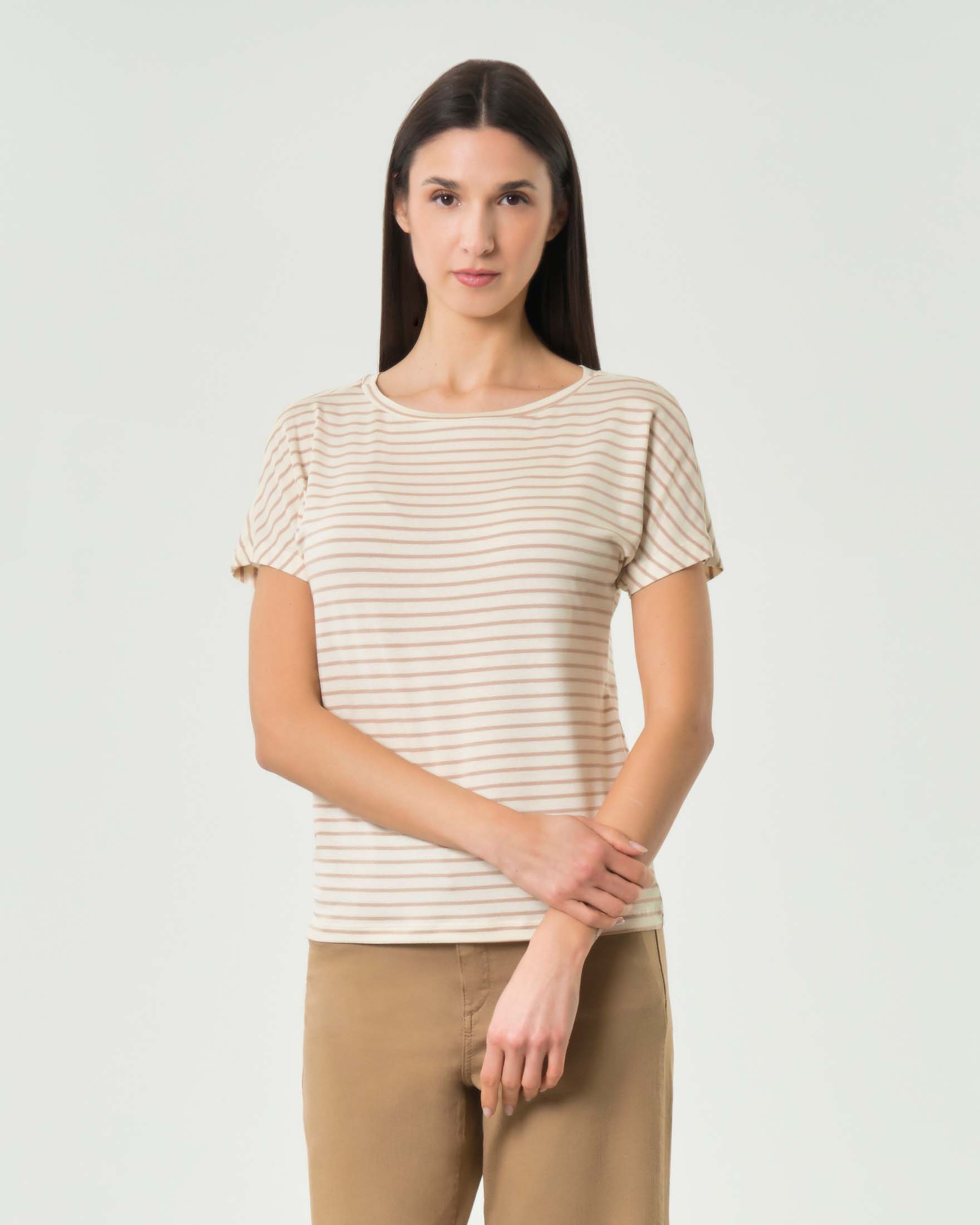 T-shirt bianca a maniche corte con righe beige in jersey stretch