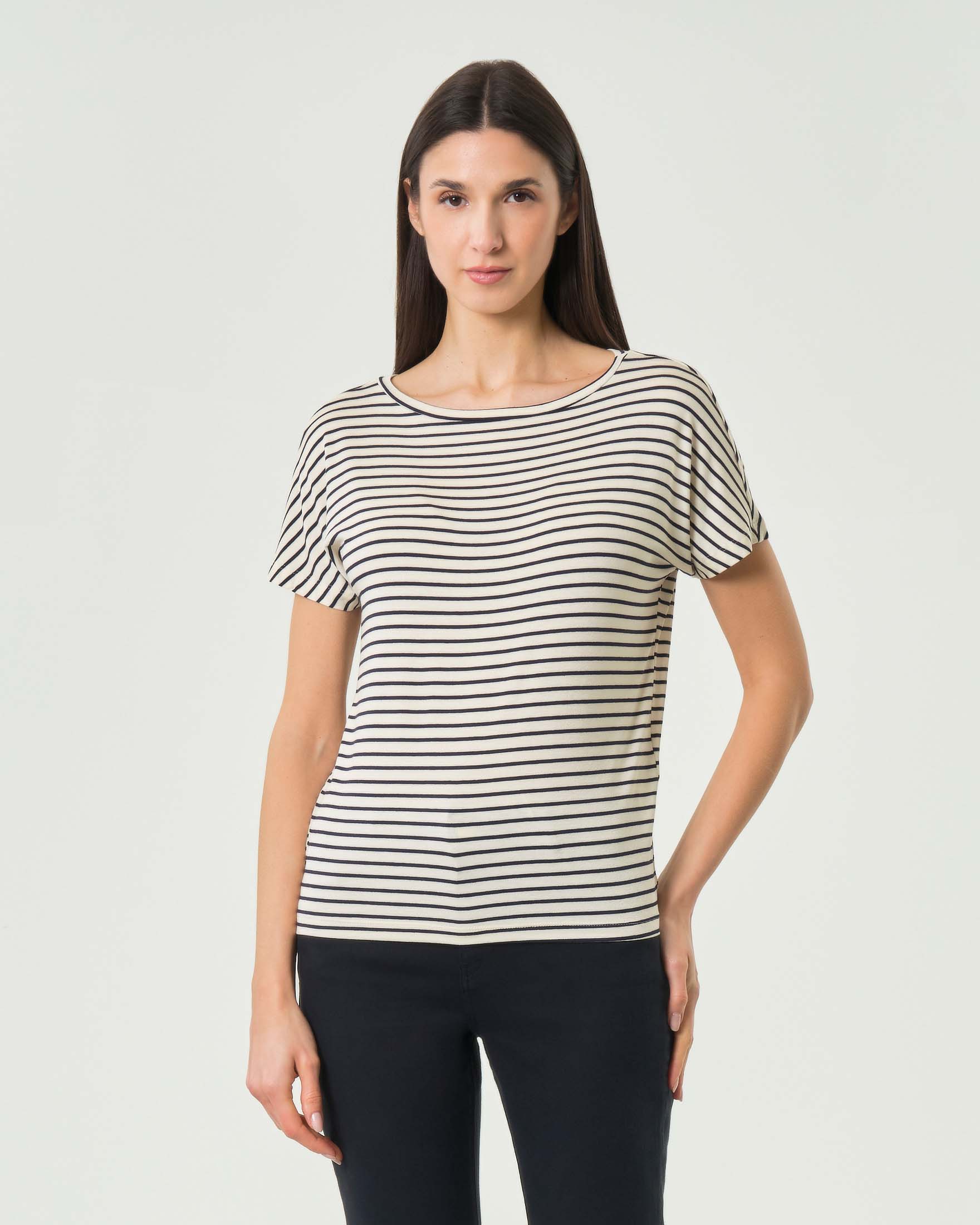 T-shirt bianca a maniche corte con righe blu in jersey stretch