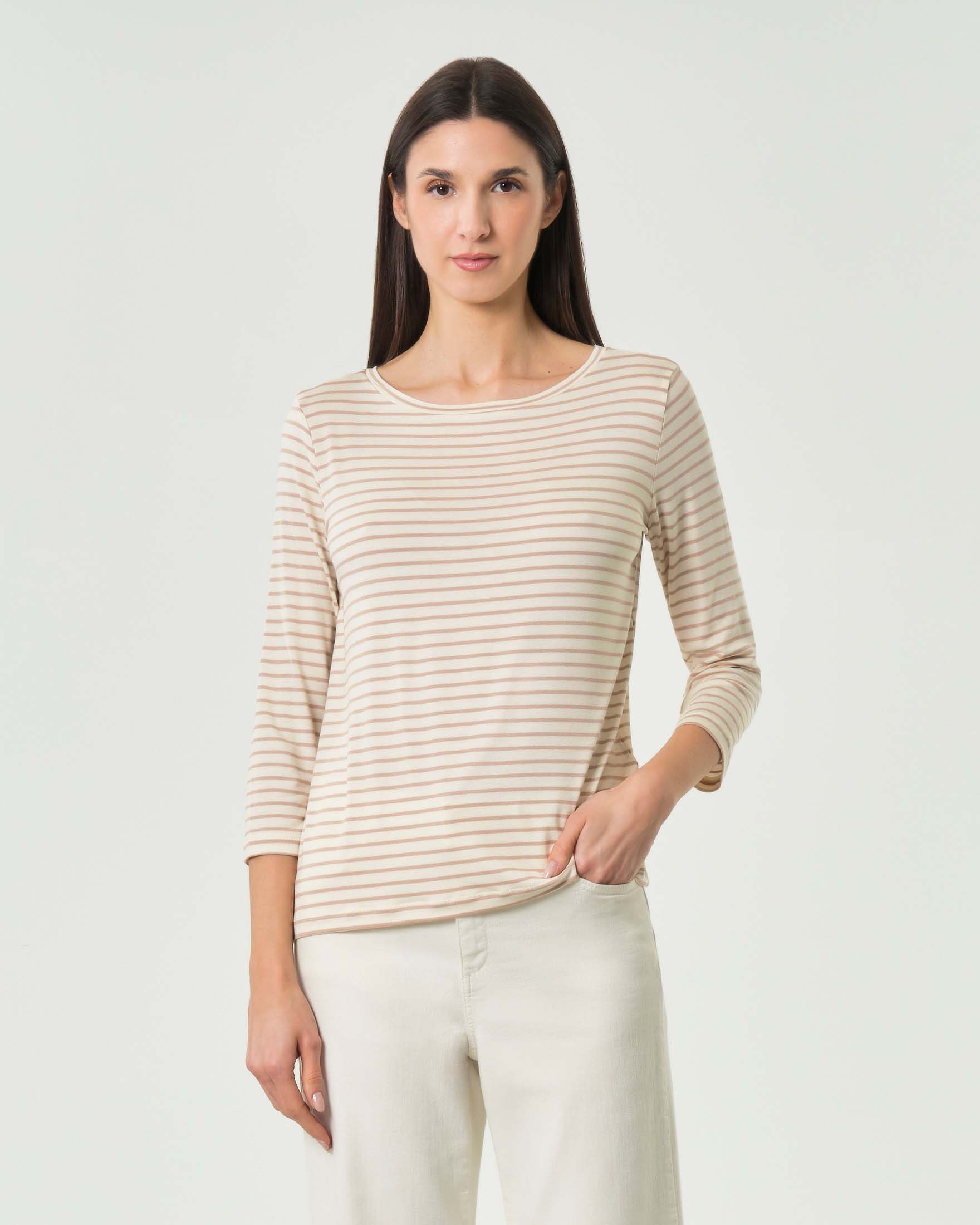 T-shirt con maniche a tre quarti a righe beige e bianche in jersey stretch
