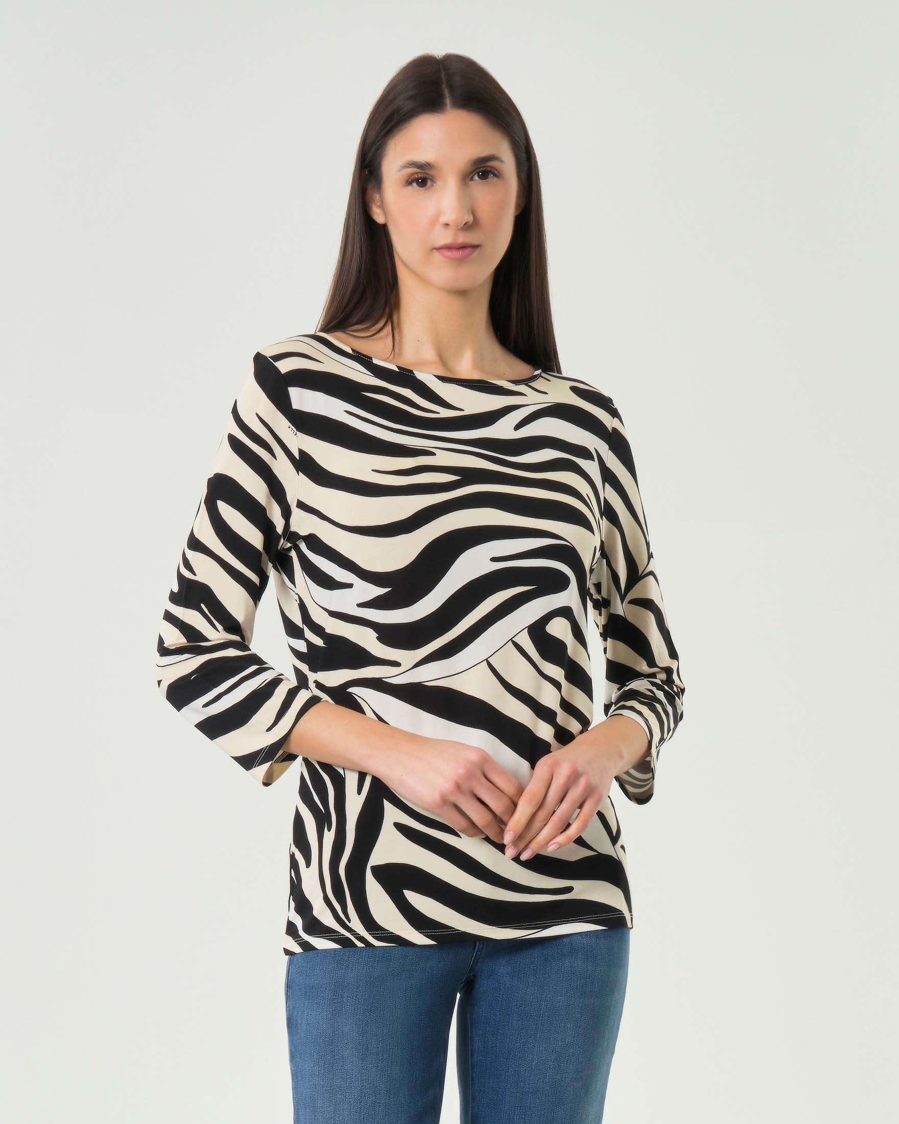 Maglia con stampa zebrata bianco e nero Sport in viscosa con maniche a tre quarti