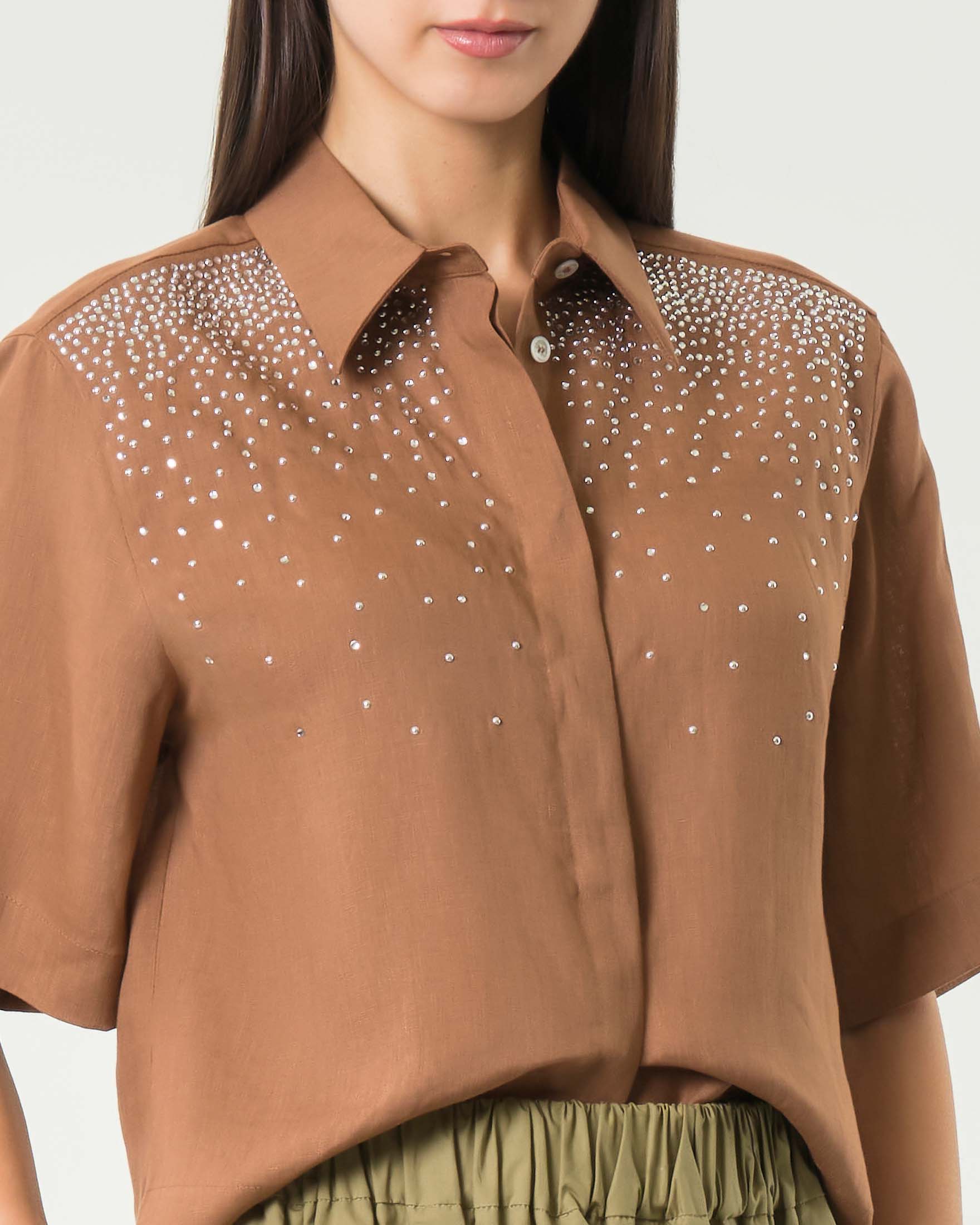 Camicia a maniche corte color cuoio Marella Sport in puro lino con decorazione di strass sul petto image