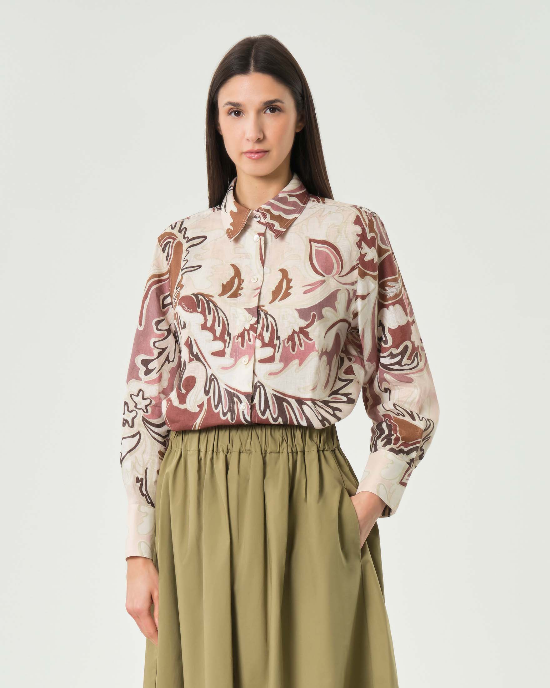 Camicia beige Sport in puro lino con stampa floreale cuoio e carrè posteriore