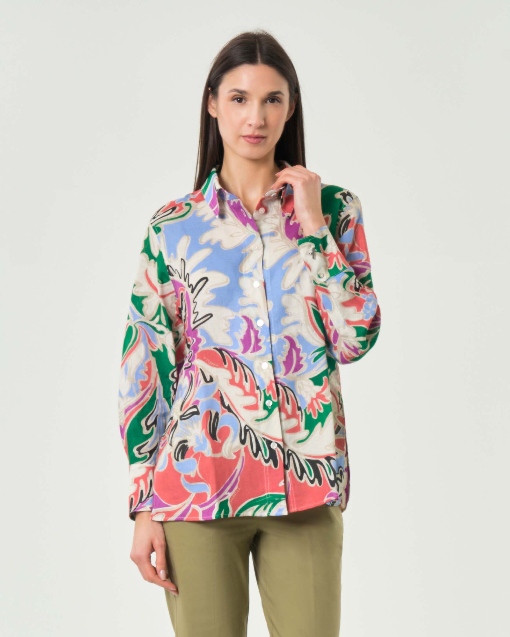 Camicia beige Marella Sport in puro lino con stampa floreale multicolor e carrè posteriore