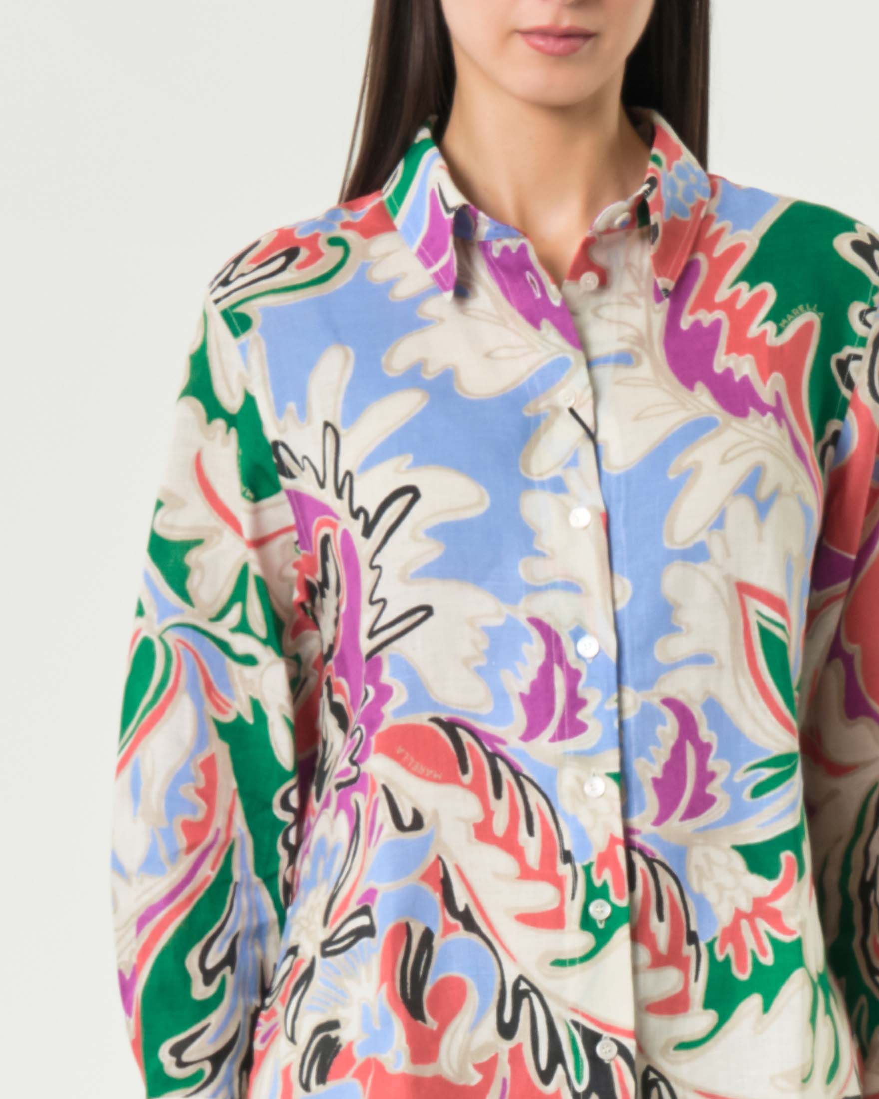 Camicia beige Marella Sport in puro lino con stampa floreale multicolor e carrè posteriore image