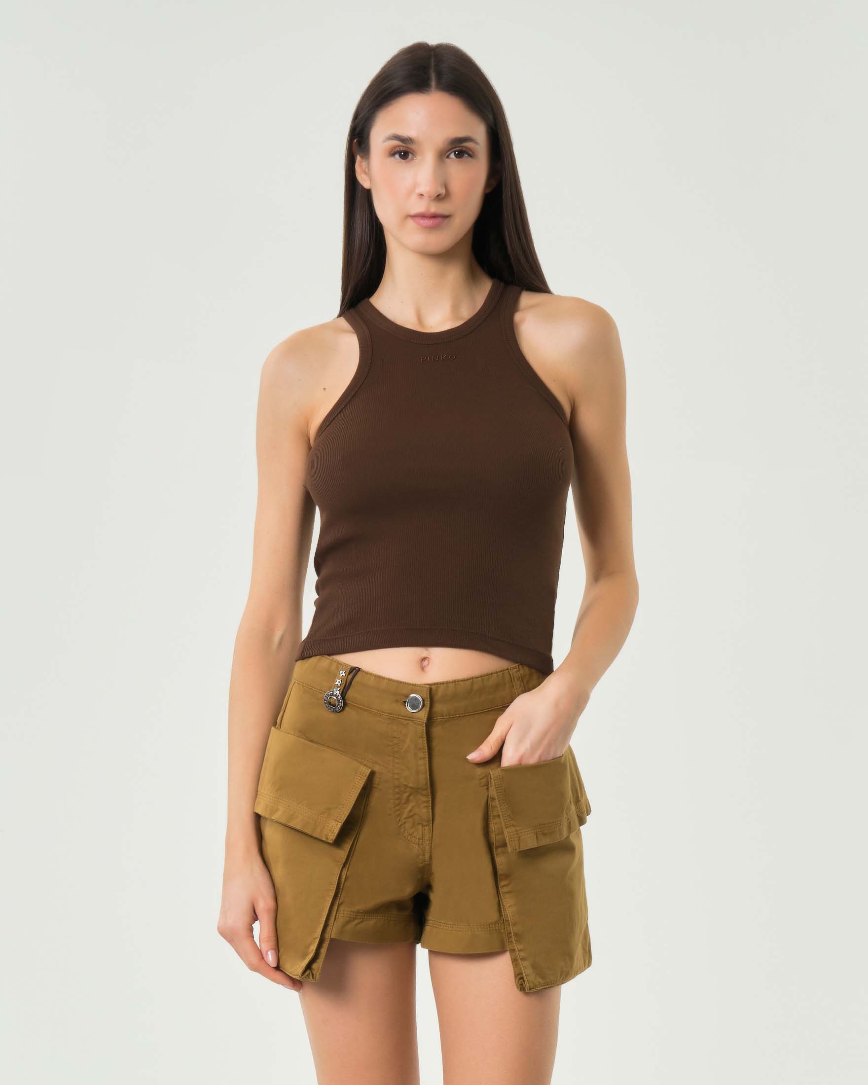 Canotta marrone Pinko in cotone a coste con scollo a vogatore e mini scritta logo