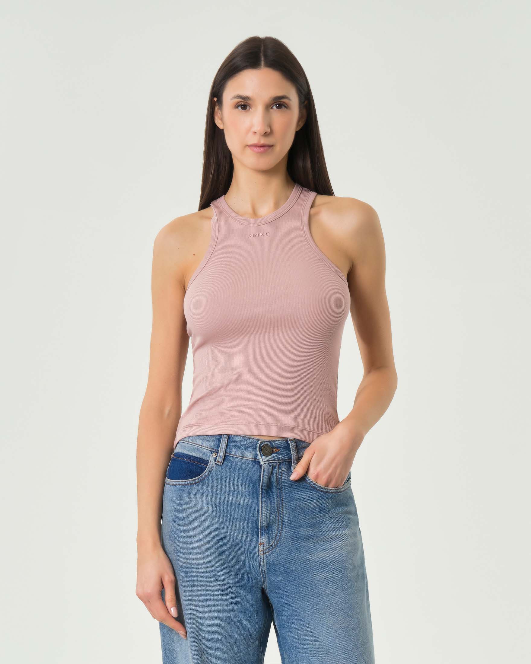 Canotta rosa Pinko in cotone a coste con scollo a vogatore e mini scritta logo