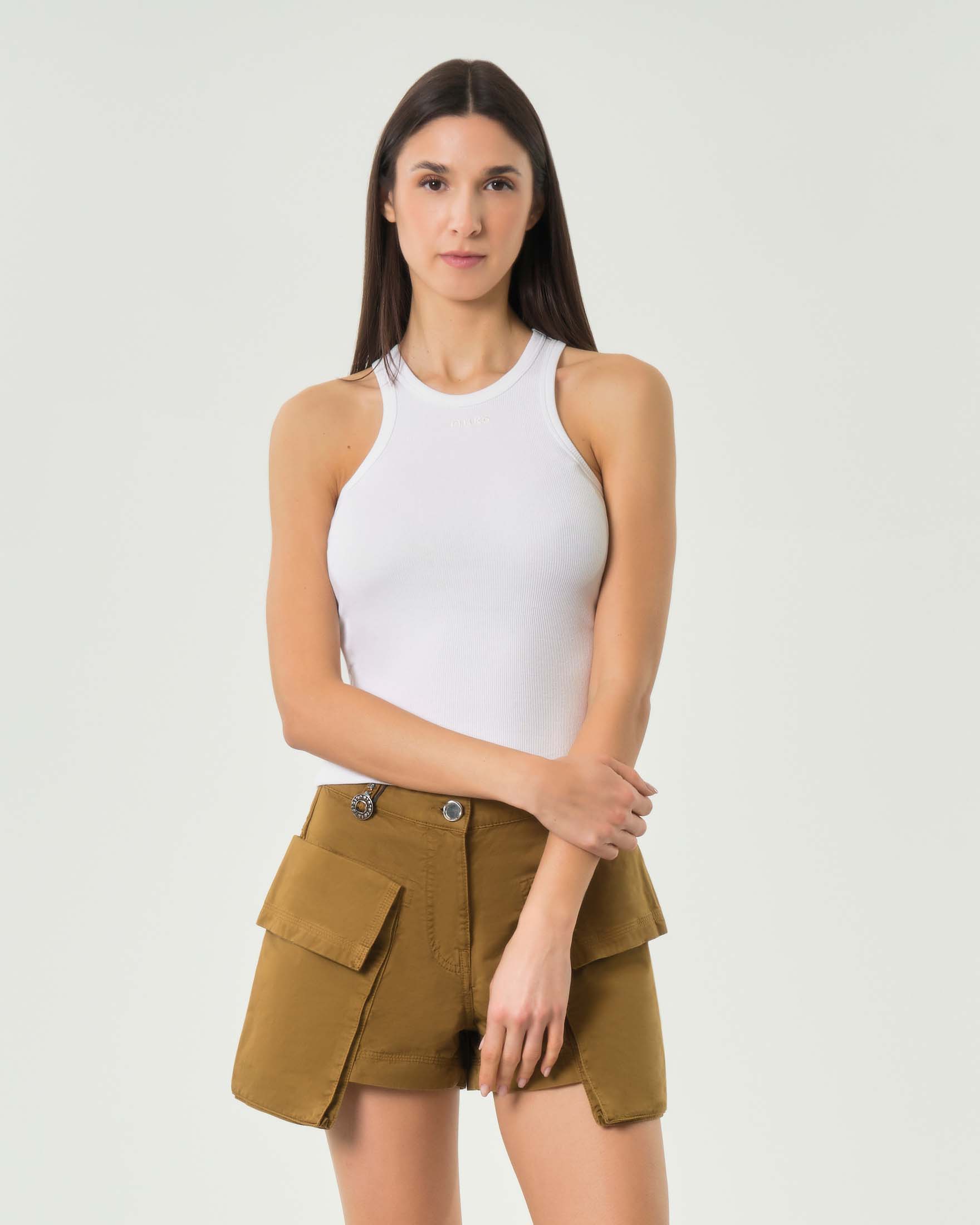 Canotta bianca Pinko in cotone a coste con scollo a vogatore e mini scritta logo