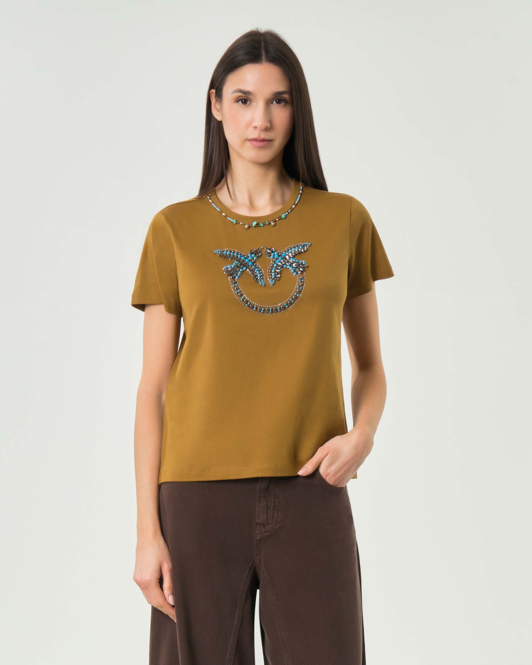 T-shirt maniche corte khaki in puro cotone con applicazioni e logo Lovebirds