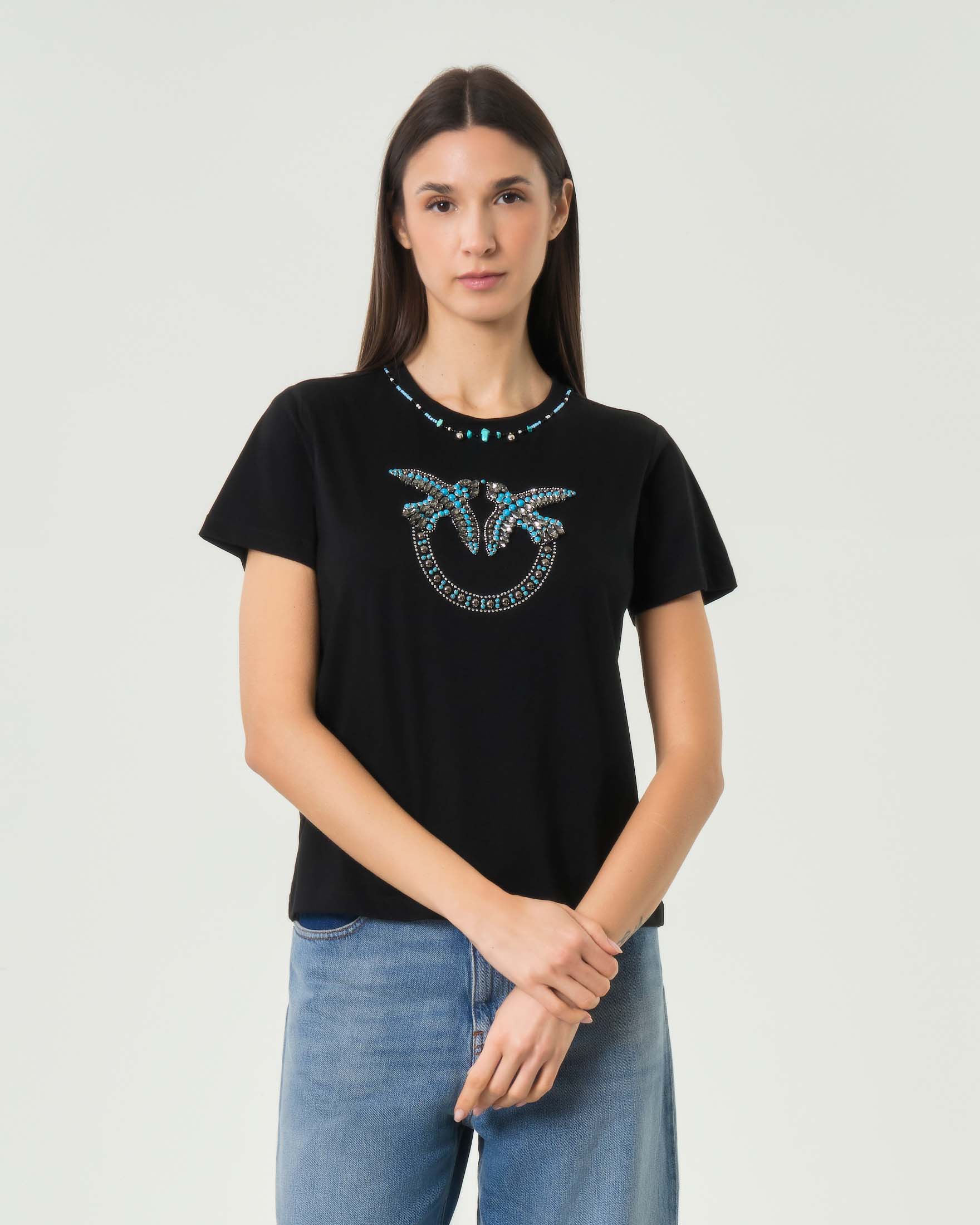 T-shirt maniche corte nera in puro cotone con applicazioni e logo Lovebirds