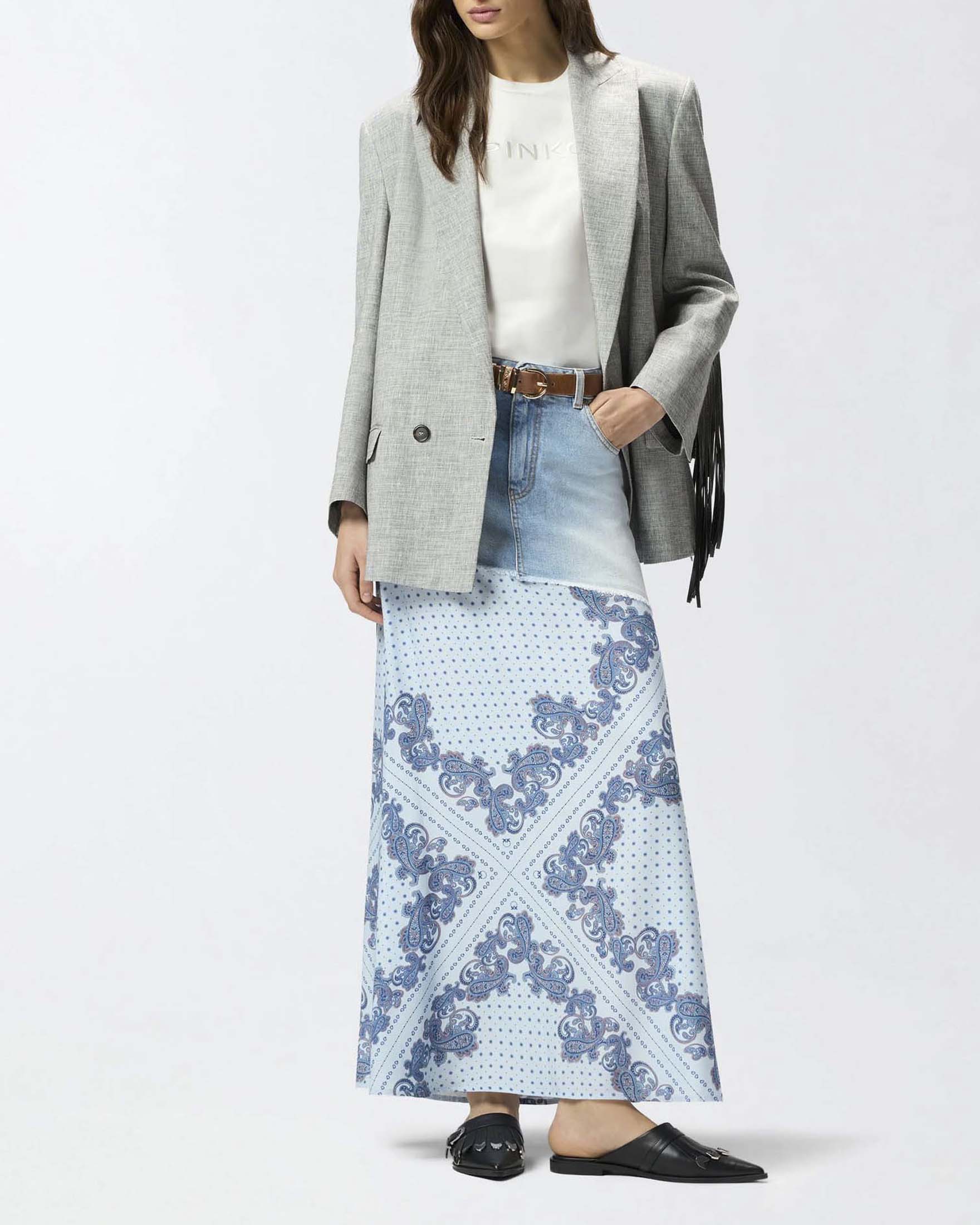 Gonna midi Pinko in light denim con stampa foulard azzurra