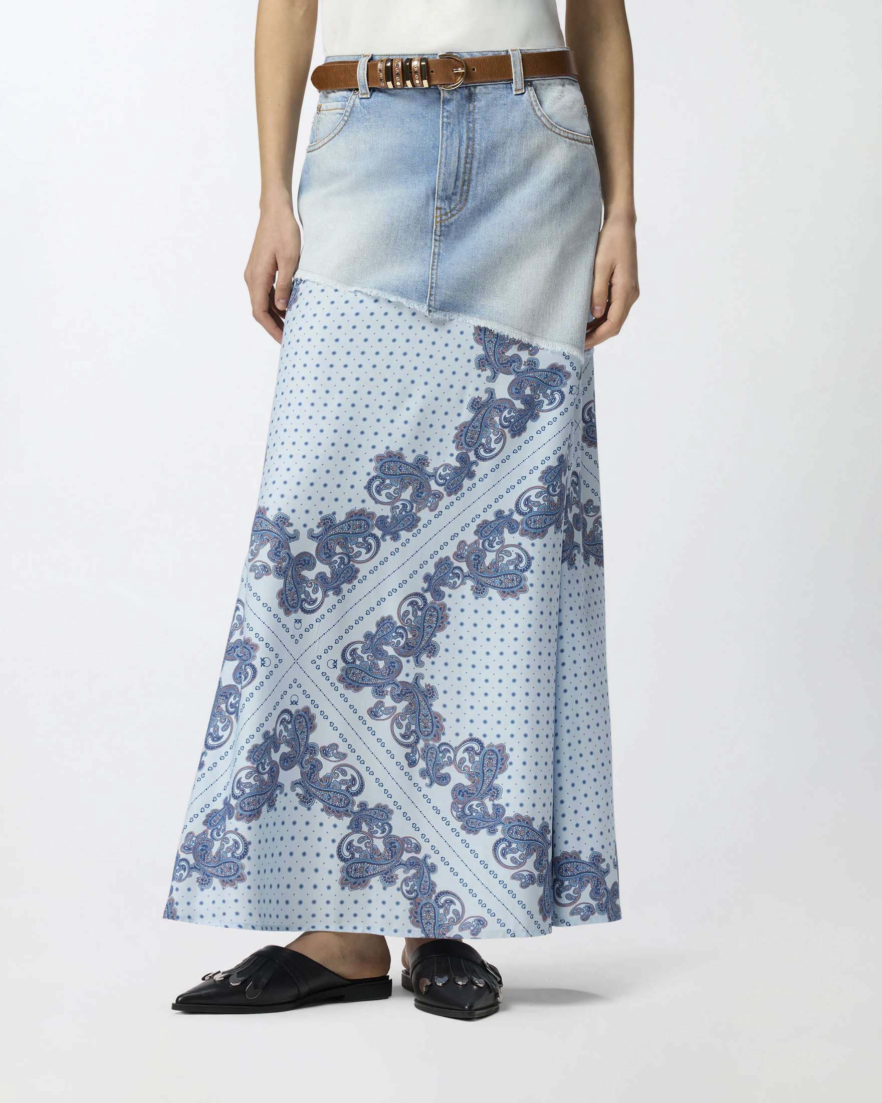 Gonna midi Pinko in light denim con stampa foulard azzurra image