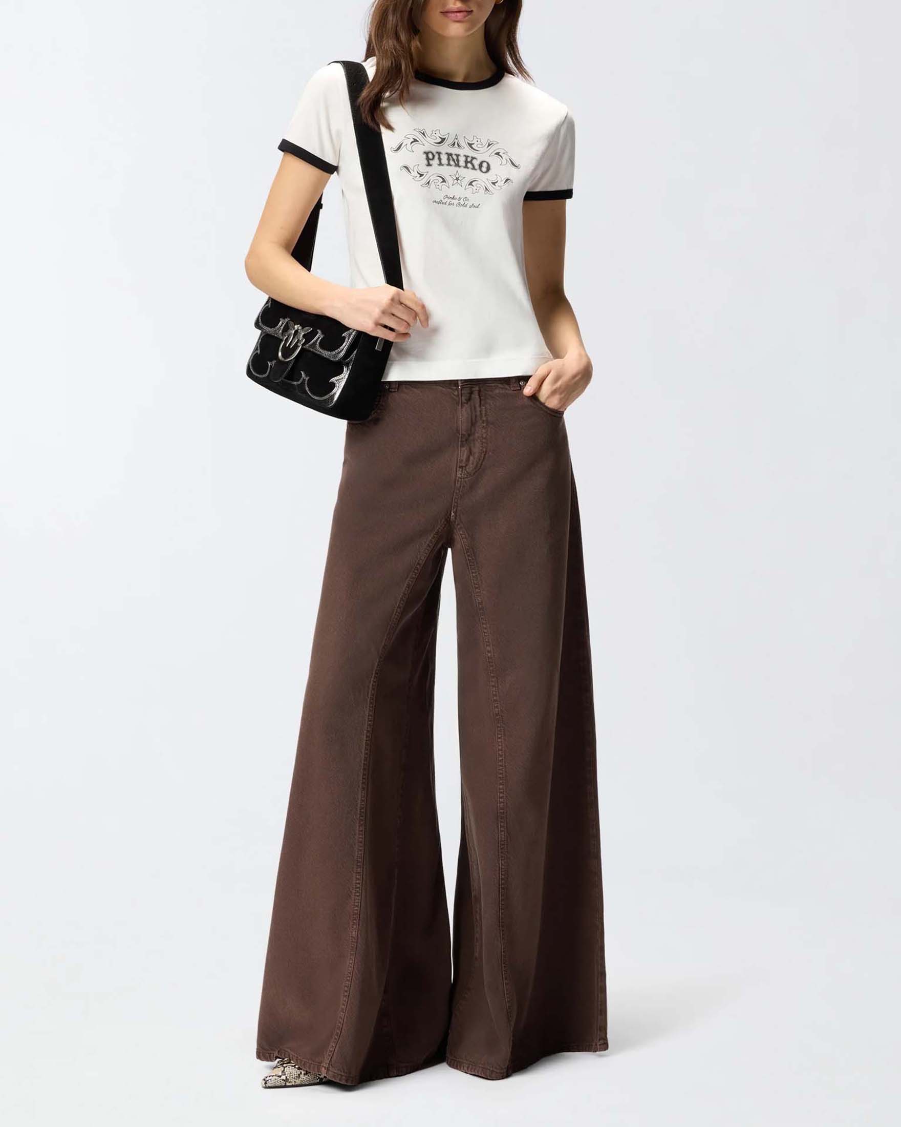 T-shirt girocollo bianca Pinko in cotone con stampa e bordi neri