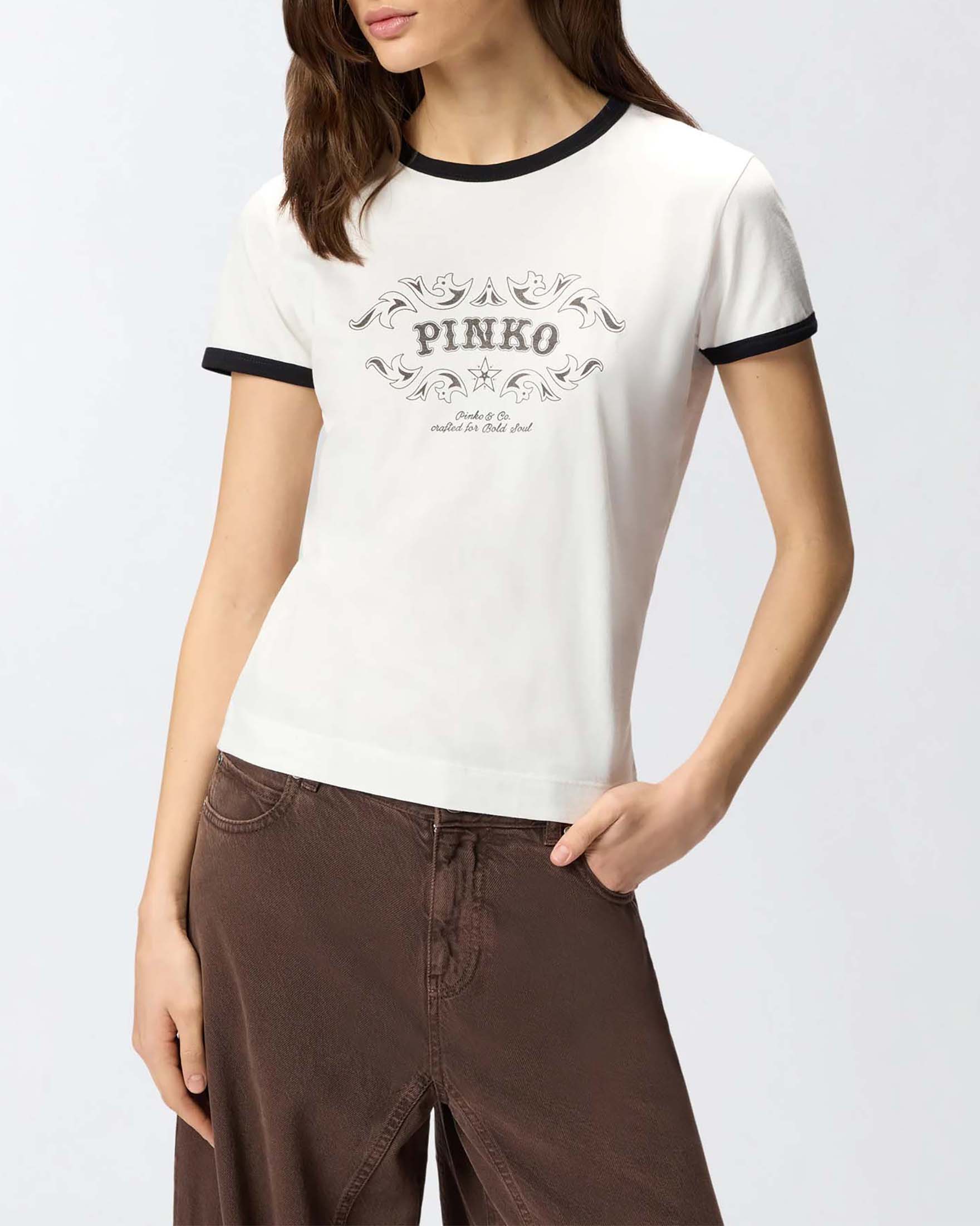 T-shirt girocollo bianca Pinko in cotone con stampa e bordi neri image